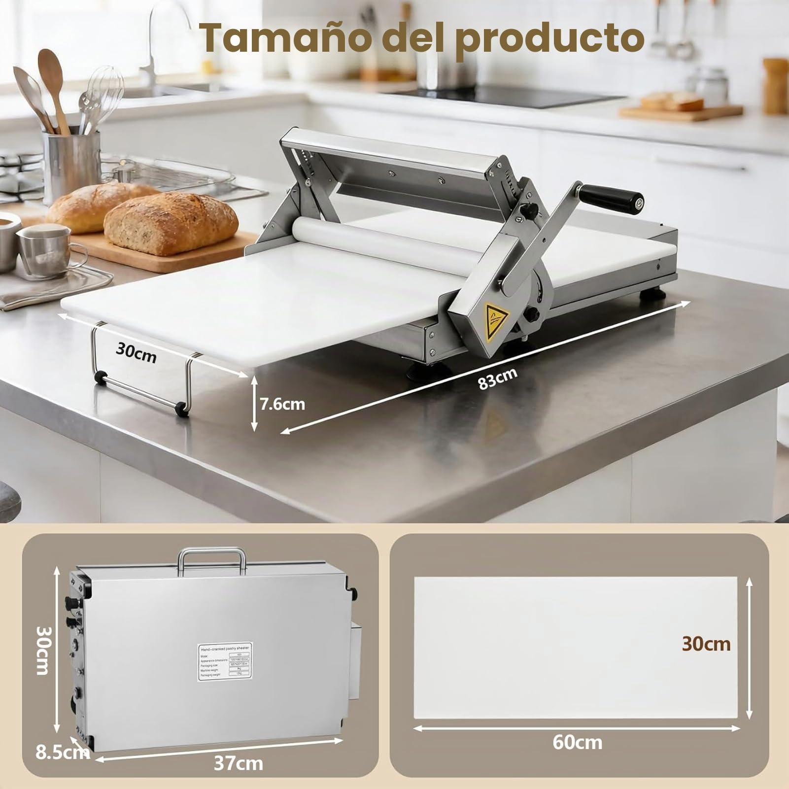 Laminadora de Masa Manual (30cm) – Máquina de Pasta Ajustable 0-25mm – Rodillo de Acero Inoxidable para Estirar Masa, Pizza, Empanadas, Fondant y Repostería – Plegable(S)
