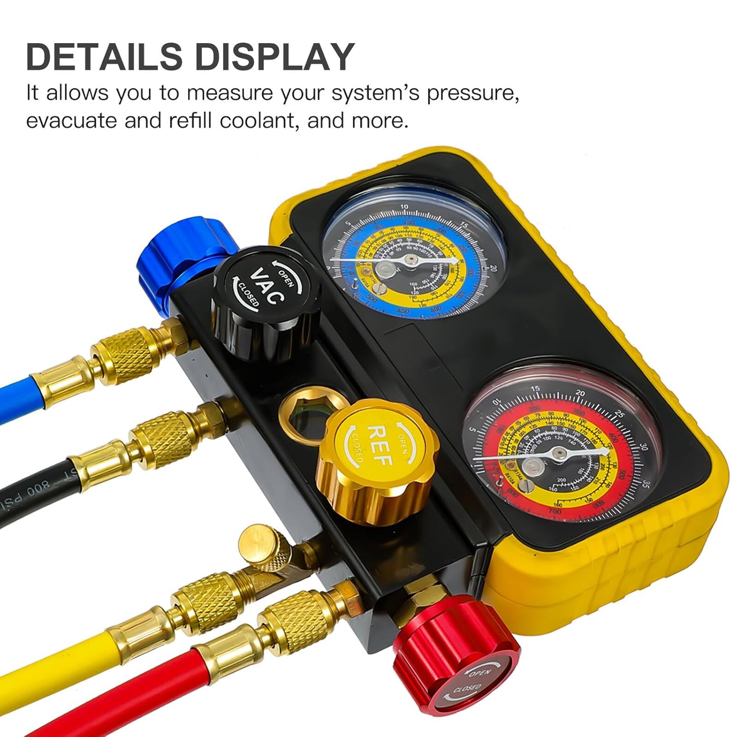 4 Way Manifold Gauge Set Diagnostic Kit for -22 R32 R134a R410a Refrigerants with Hoses and Valves, Air Conditioning Service Tool for Automotive Ac Maintenance Random Color