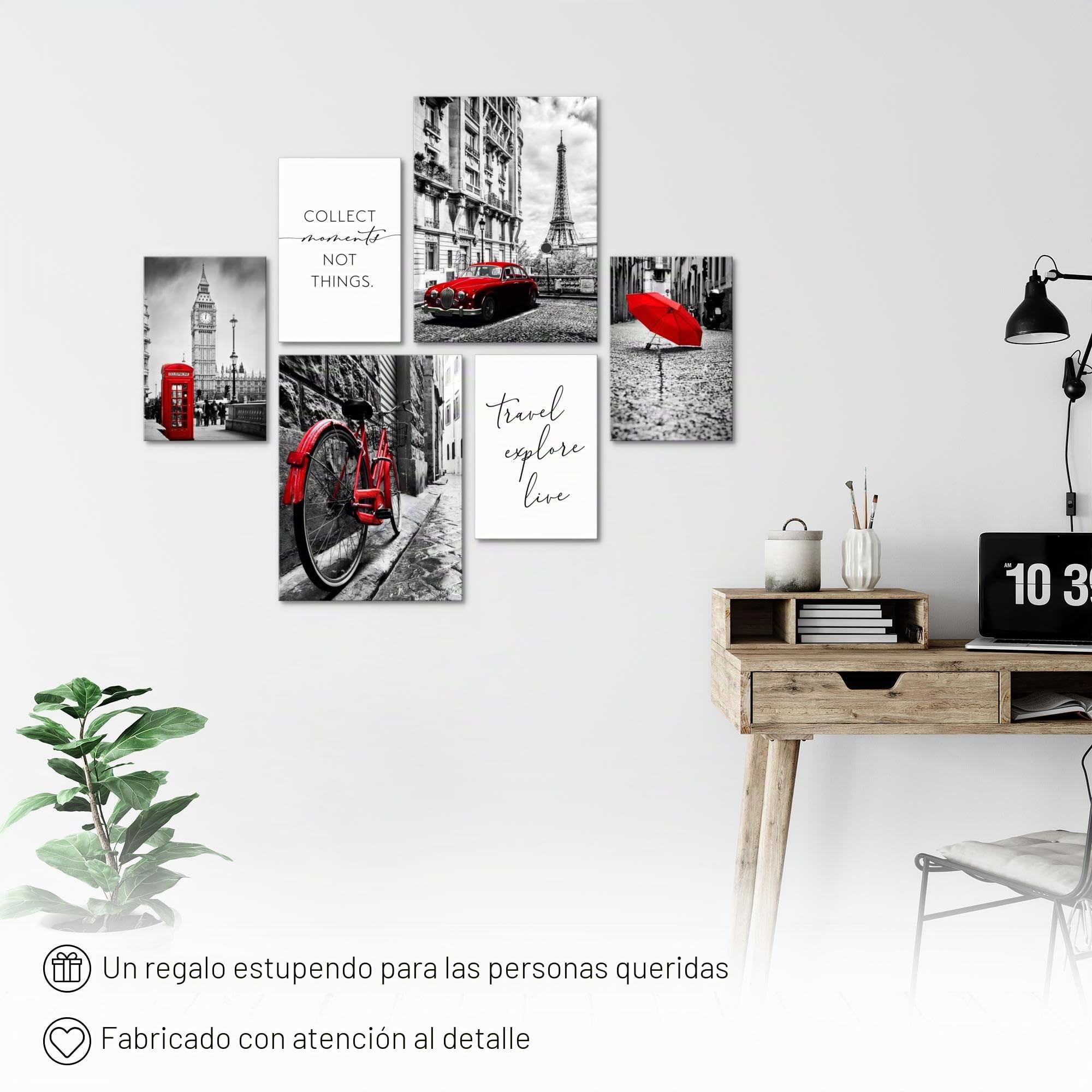 Cuadros Londres Paris Ciudades - CON ESTILO, SIN NECESIDAD DE MARCO - Moderne Collage Negro Rojo - Salón Dormitorio - N024563a