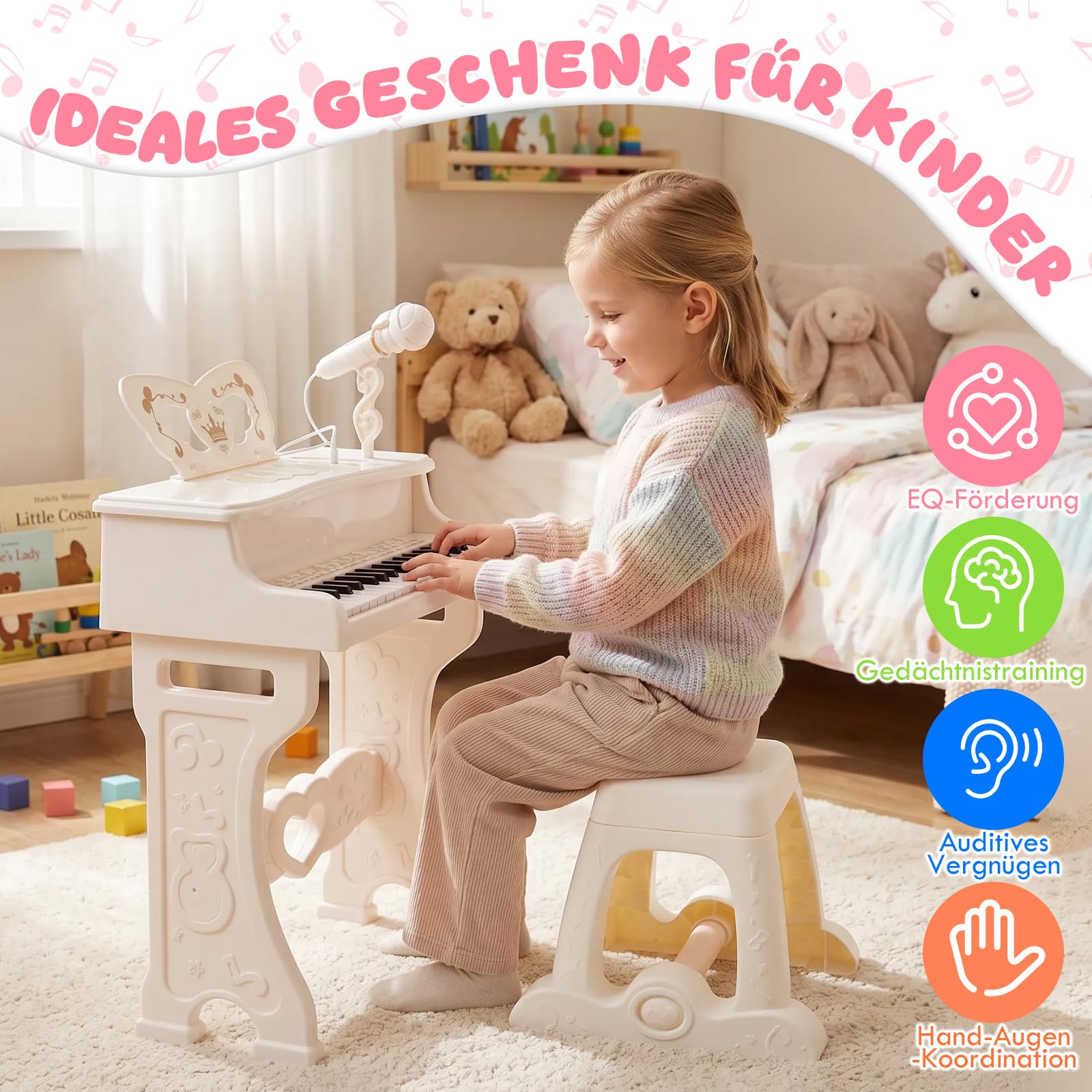 Teclado Electrónico Piano 37 Teclas, Teclado de Piano Portátil para niños, Piano Infantil Teclado Musical con Micrófono, Organo Electronico Niños Educativa Regalo Piano para Niños 3 4 5 6 7 Años
