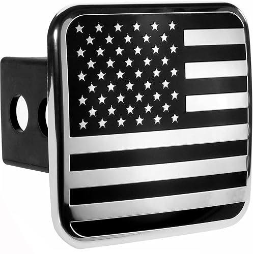 Tapón de enganche de bandera negra de Estados Unidos con perno de pasador (negro y cromo, se adapta a receptor de 2 pulgadas)