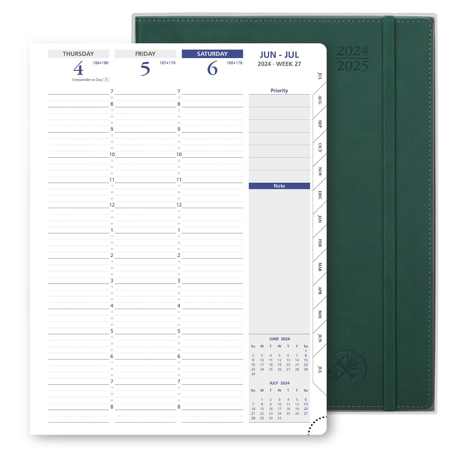 POPRUN Planner 2024-2025 (8.5" x 11"), A4 Academic Weekly Monthly Planner, Quarter-Hourly Appointment Book with PU Leather Soft Cover,Dual Pockets - Forest Green