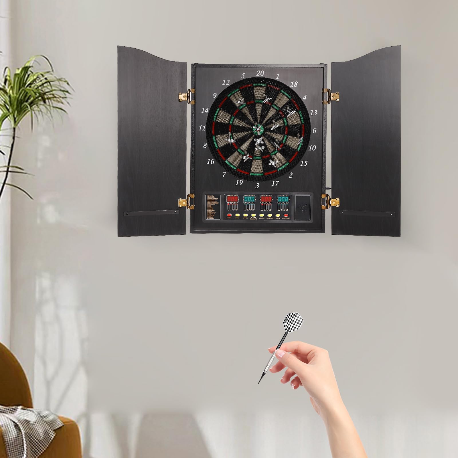 Cible de fléchettes électronique avec armoire, écran LED, 27 jeux, montage mural, 16 joueurs, 12 fléchettes
