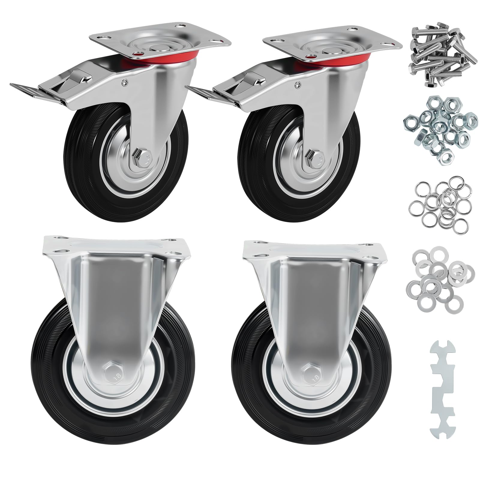 Set di 4 Ruote piroettanti da 6 Pollici, Ruote robuste con Freno, Ruote girevoli in Gomma per Carrello, banco da Lavoro, Nero (6" (2 fisse + 2 girevoli con Freno, 4)