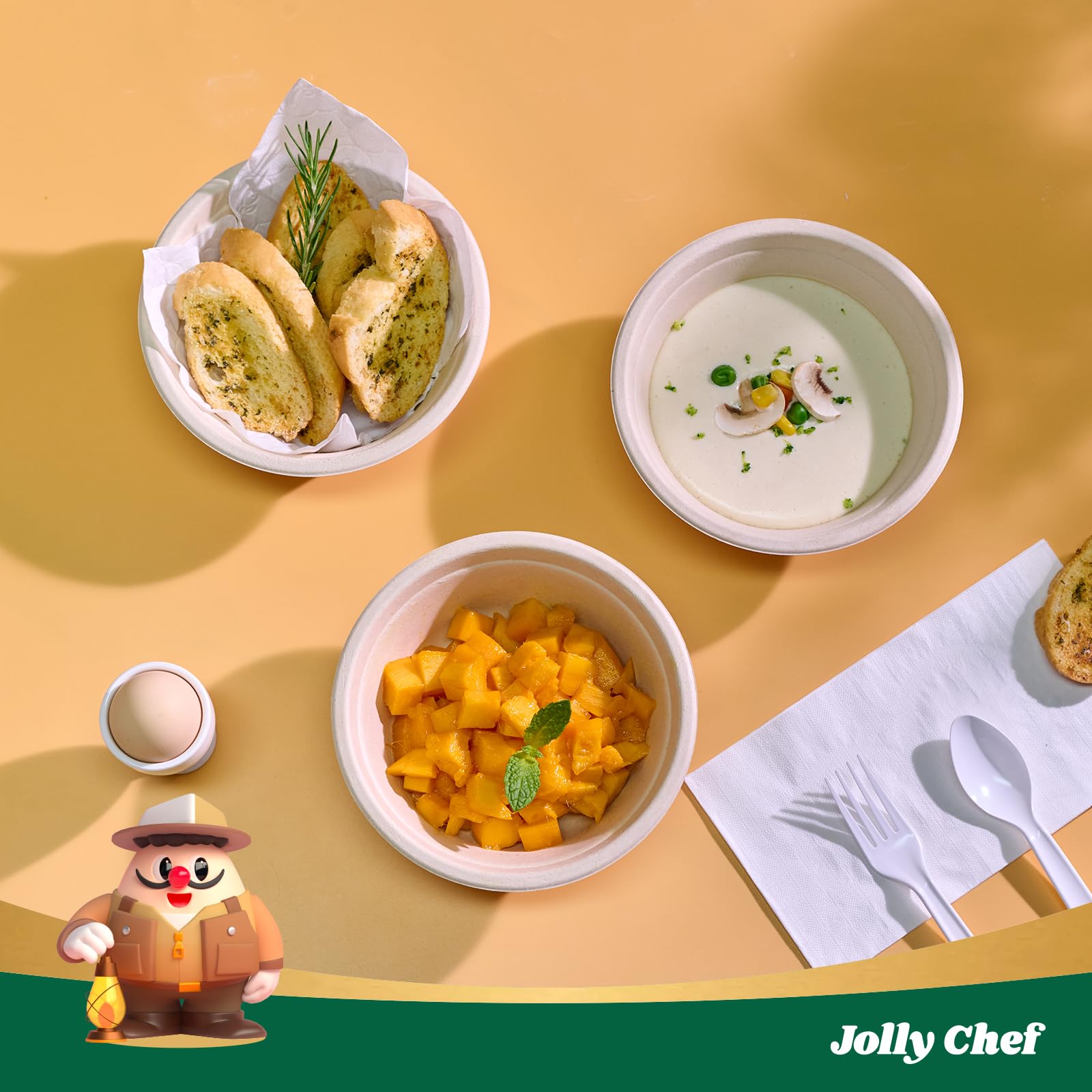 JOLLY CHEF Tazón de papel desechable compostable [16 onzas] recipientes de sopa resistentes [paquete de 150] Bagazo biodegradable, caliente y frío, ecológico, natural, caña de azúcar para microondas
