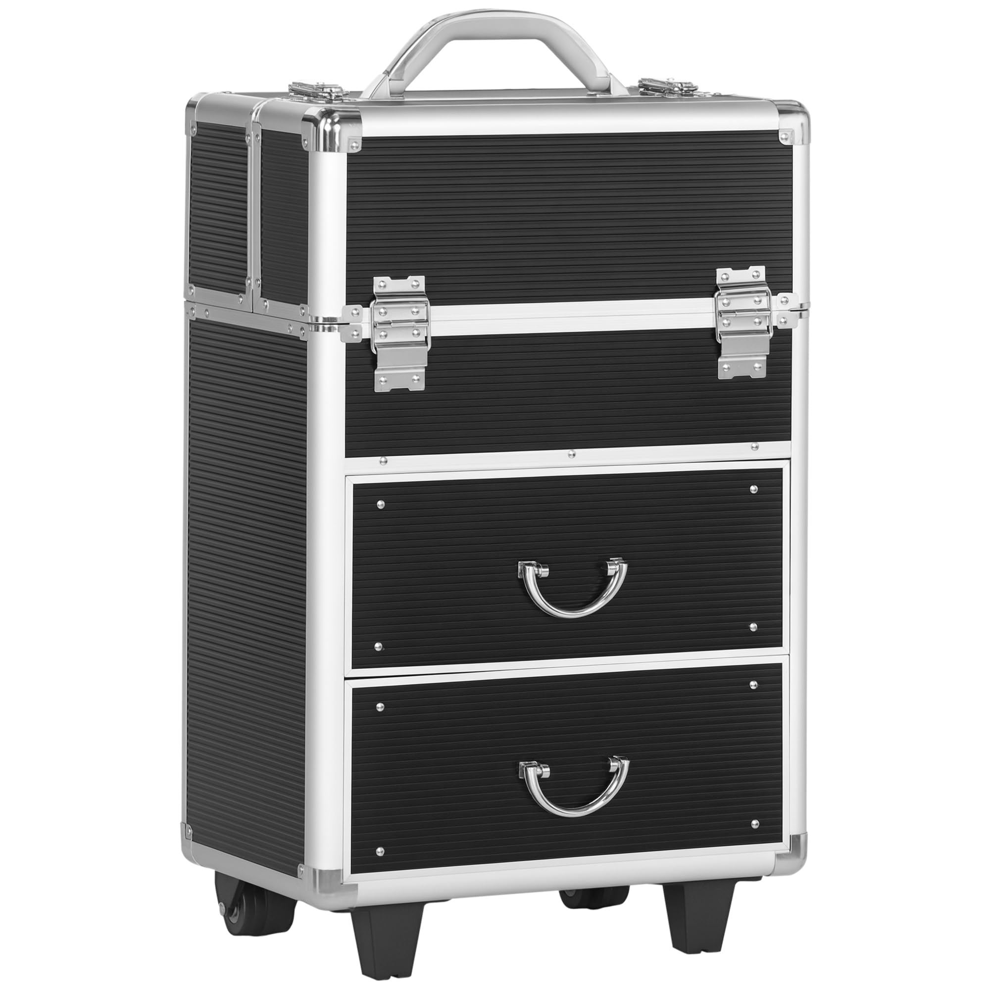 HOMCOM Maletín de Maquillaje Profesional Estuche para Cosméticos con Ruedas Maleta de Maquillaje con 6 Cajones Extensibles Cerradura 2 Llaves y Asa Retráctil 36x23x58 cm Negro