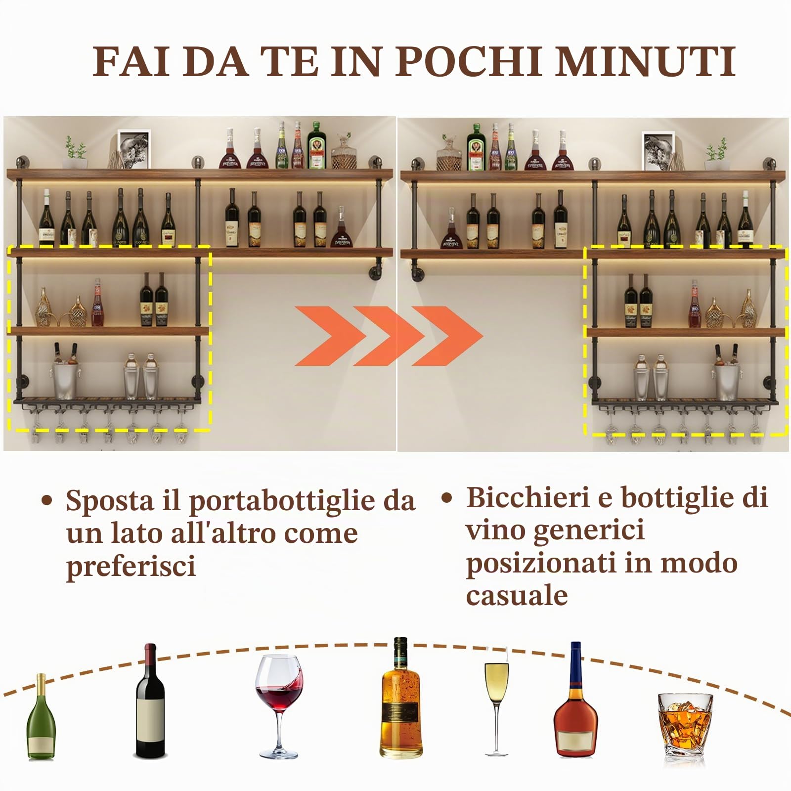 Portabottiglie da parete con supporto in vetro LED, Porta Industriali Bottiglie Di Vino Con Ripiano Espositivo, Enoteca Galleggiante A Parete in Legno, applica casa bar sala da pranzo cucina (100cm)