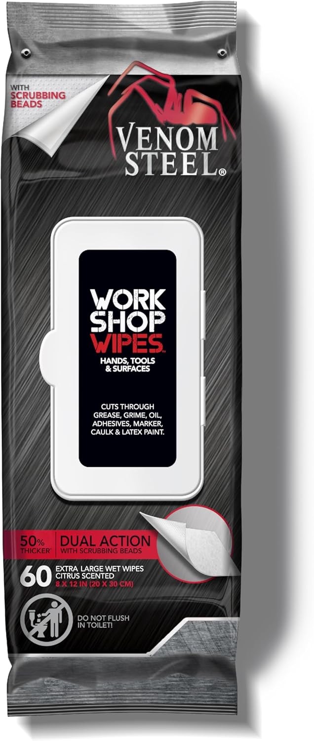 Venom Steel Workshop Wipes with Scrubbing Beads, for Grease, Grime, Oil, Paint and Caulk, Safe on Hands, Tools, and Non Porous Surfaces, Light Citrus Scent, 8" x 12" Cloths, 60 Wipes