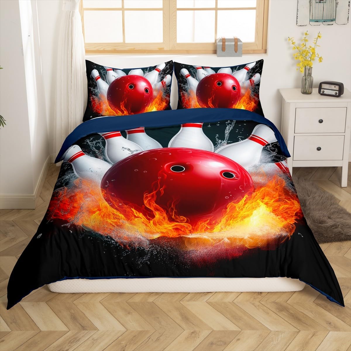 Erosebridal Bowling Party Duvet Cover for Kids Boys Girls,Bowling Ball Bedding Set Full Size,Water and Fire Frame Comforter Cover Bedroom Decor,Sports Ball Game Bed Cover with 2 Pillowcases