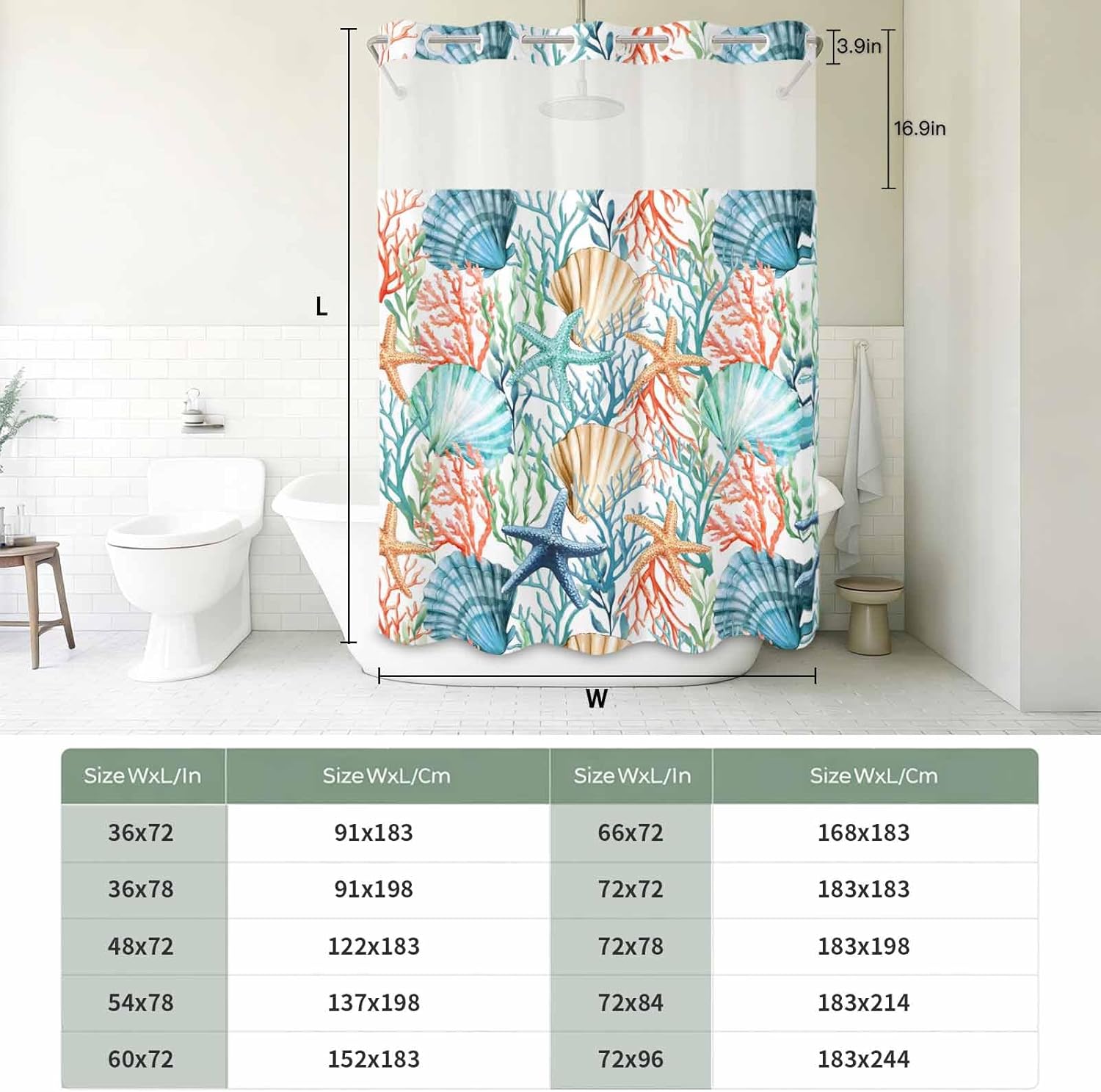 No Hook Shower Curtains with Snap in Liner, Coastal Waterproof Fabric Shower Curtain, Nautical Summer Beach Coral Starfish Shell Double Layers & See-Through Top Window Bathroom Curtains 60''x72''