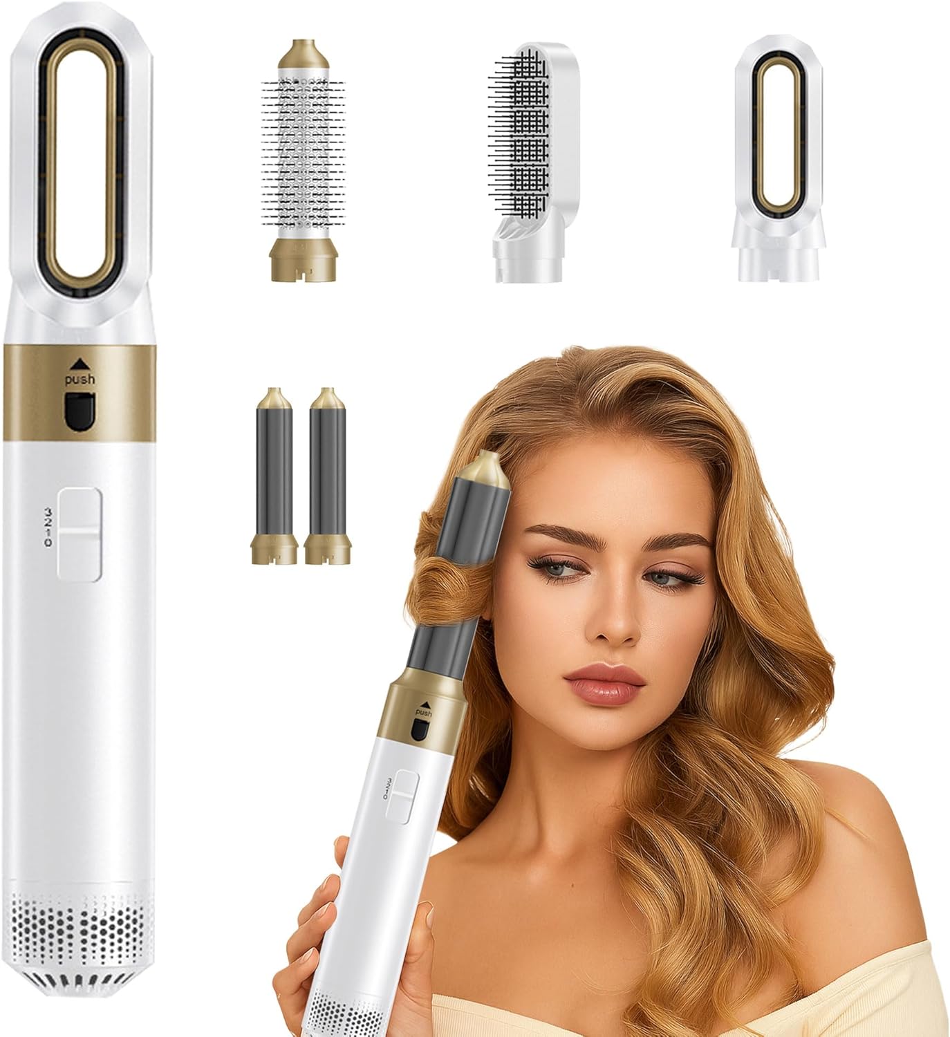 5 in 1 Hair Dryer Brush Set–Air Styler for Hair,Blow Dryer Curling Iron&Airbrush Hair Styler 5 in 1 with Ionic Technology,Detachable Hot Air Brush for Drying,Curling, Straightening (White Gold)