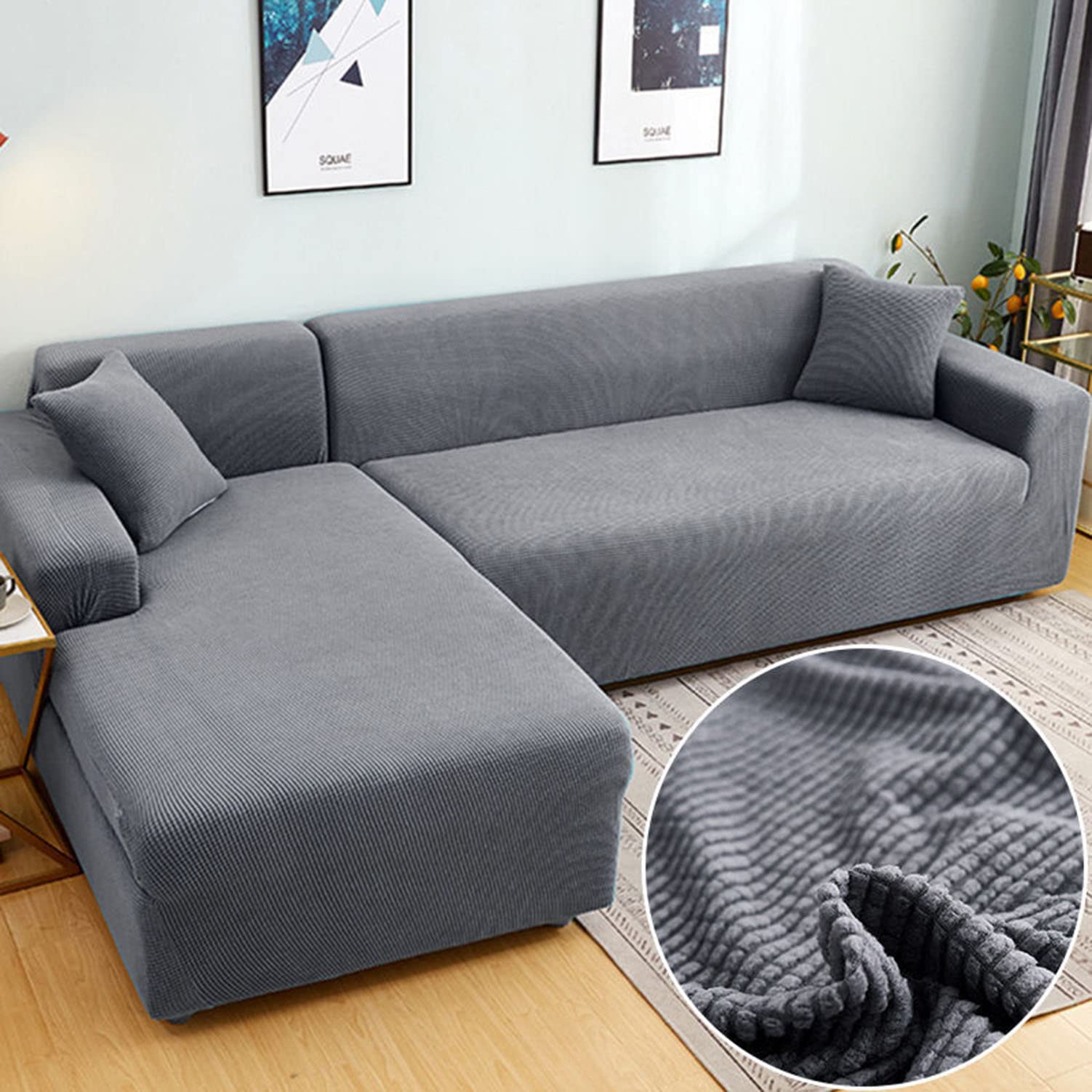 Housse de canapé d'angle en L 4+4 places extensible gris foncé