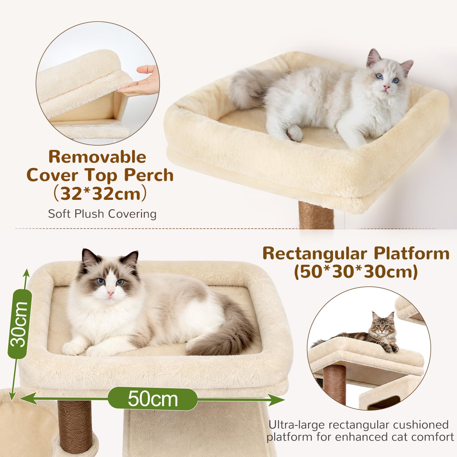 Globlazer Arbre à Chat XXL pour 3-4 Grand Chats 200 cm avec 2 Immense Niches, Rembourré Plateformes 50 * 30 * 30CM, 3 Panier, Planche Sisal, Stable Arbre a Chat pour Plusieur Chat Adulte (F78, Beige)