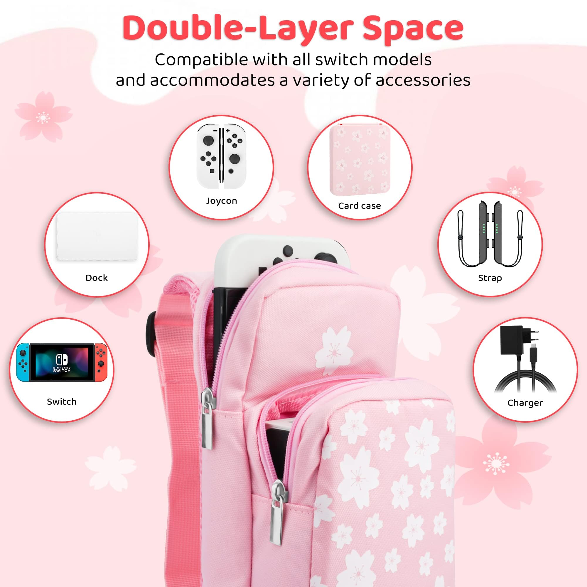 RHOTALL Borsa a tracolla compatibile con Nintendo Switch/OLED/Lite, zaino da viaggio ad alta capacità per switch accessori con custodia per carte di gioco e 2 tappi per pollice, Sakura