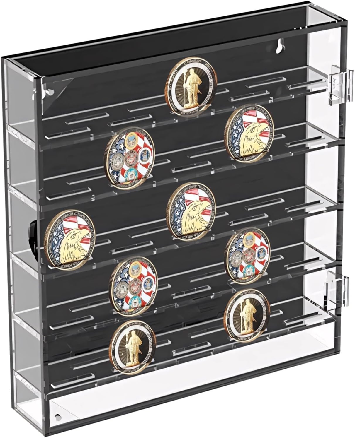 5 Tiers Coin Display Case, Acrylic Clear Coin Holder, Door Included, Challenge Coin Display Case, 10.2 X 11.8 X 2 in, Holds 45