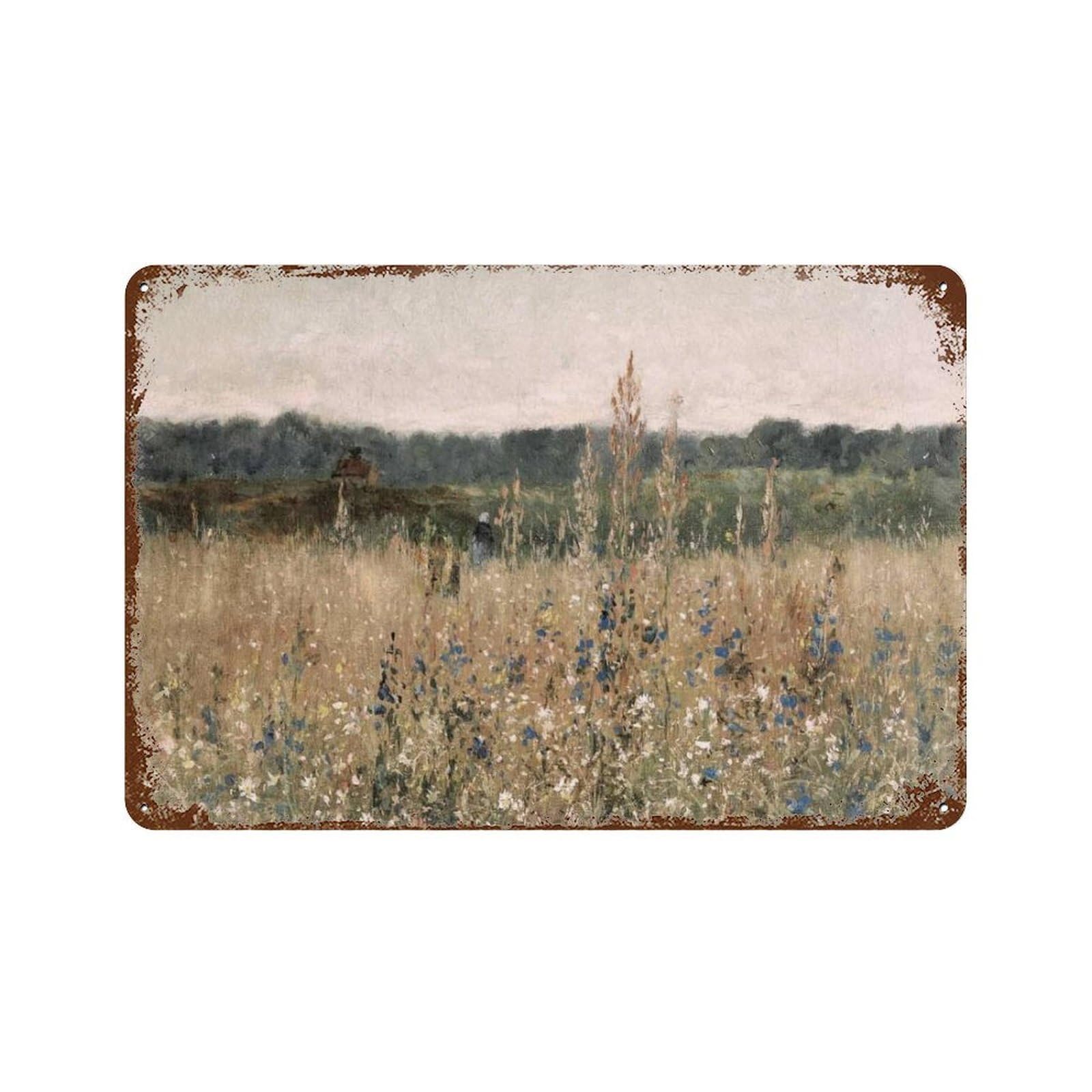 xiaoxiaoshen Wildflower Field Landscape Oil Painting, Retro Rural Metal Tin Poster Modern Home Decor Art Home Bar Shop Decorations Vintage Sign 20x30cm