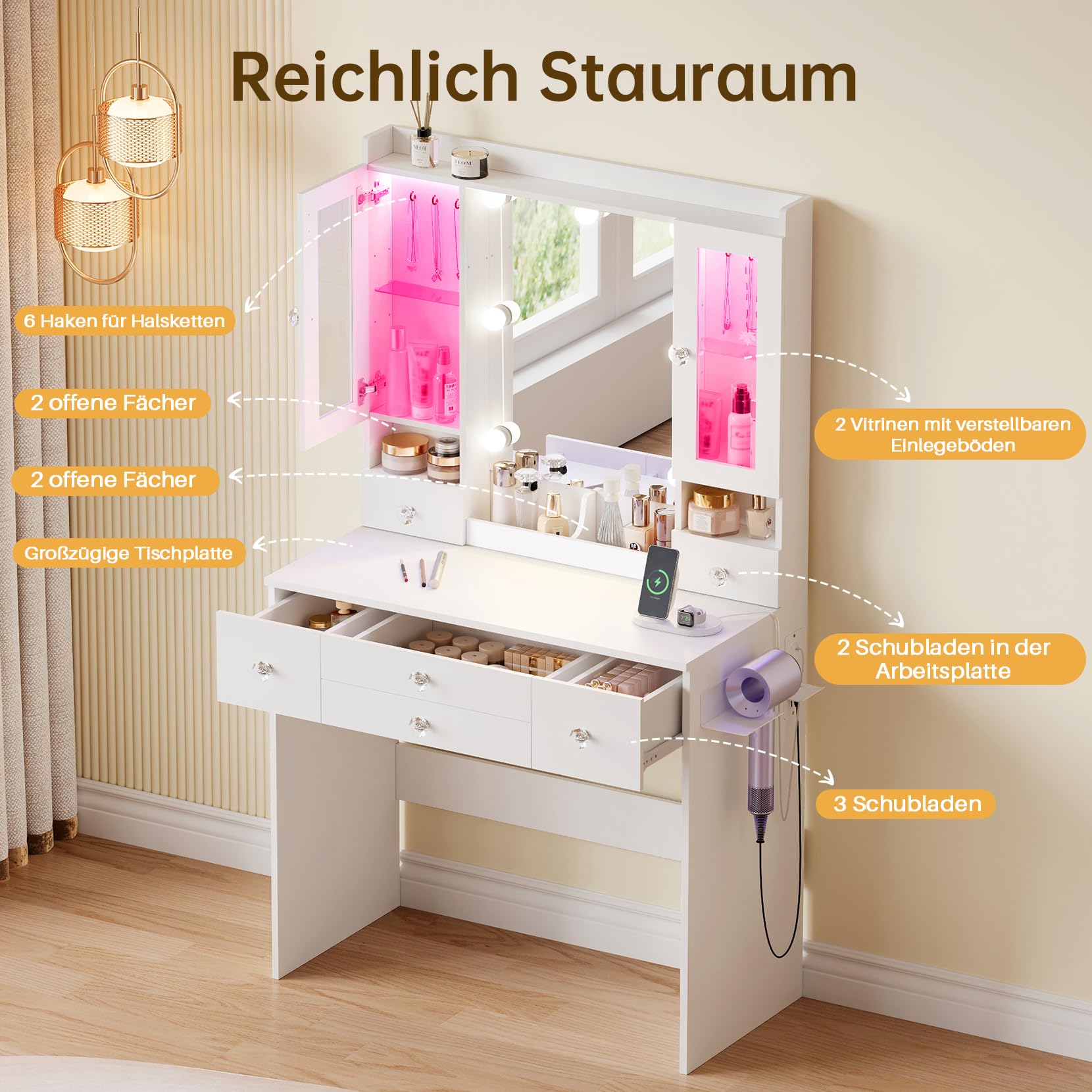 Dripex Schminktisch mit Spiegel und Beleuchtung | Steckdose und Föhnhalter, Luxuriöse transparente Vitrine mit RGB, Hollywood Spiegel, Vanity Desk