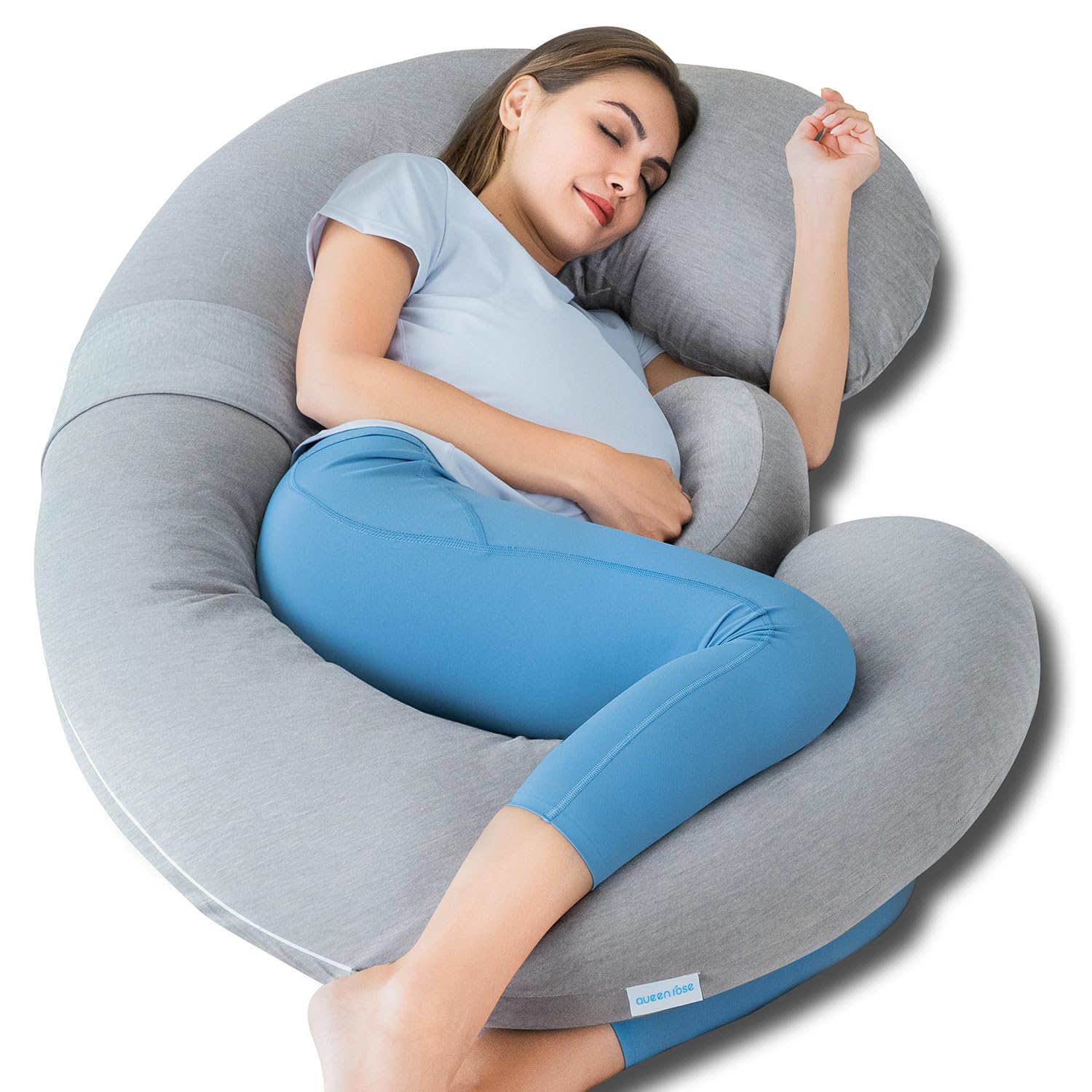 QUEEN ROSE Pregnancy Pillow, E Shaped Body Pillows for Sleeping Support, 60 Inch Maternity Pillow for Pregnant Women with Cooling Silky Cover, Grey