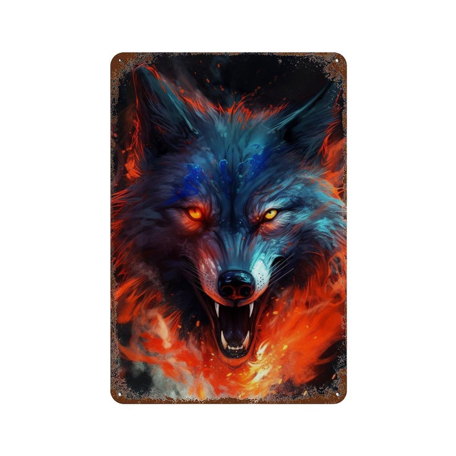 Rustic Tin Plaque Fiery Wolf Art Print 11.8"x7.9", Vintage Wall Decor for Pub, Kitchen And Man Cave Decor