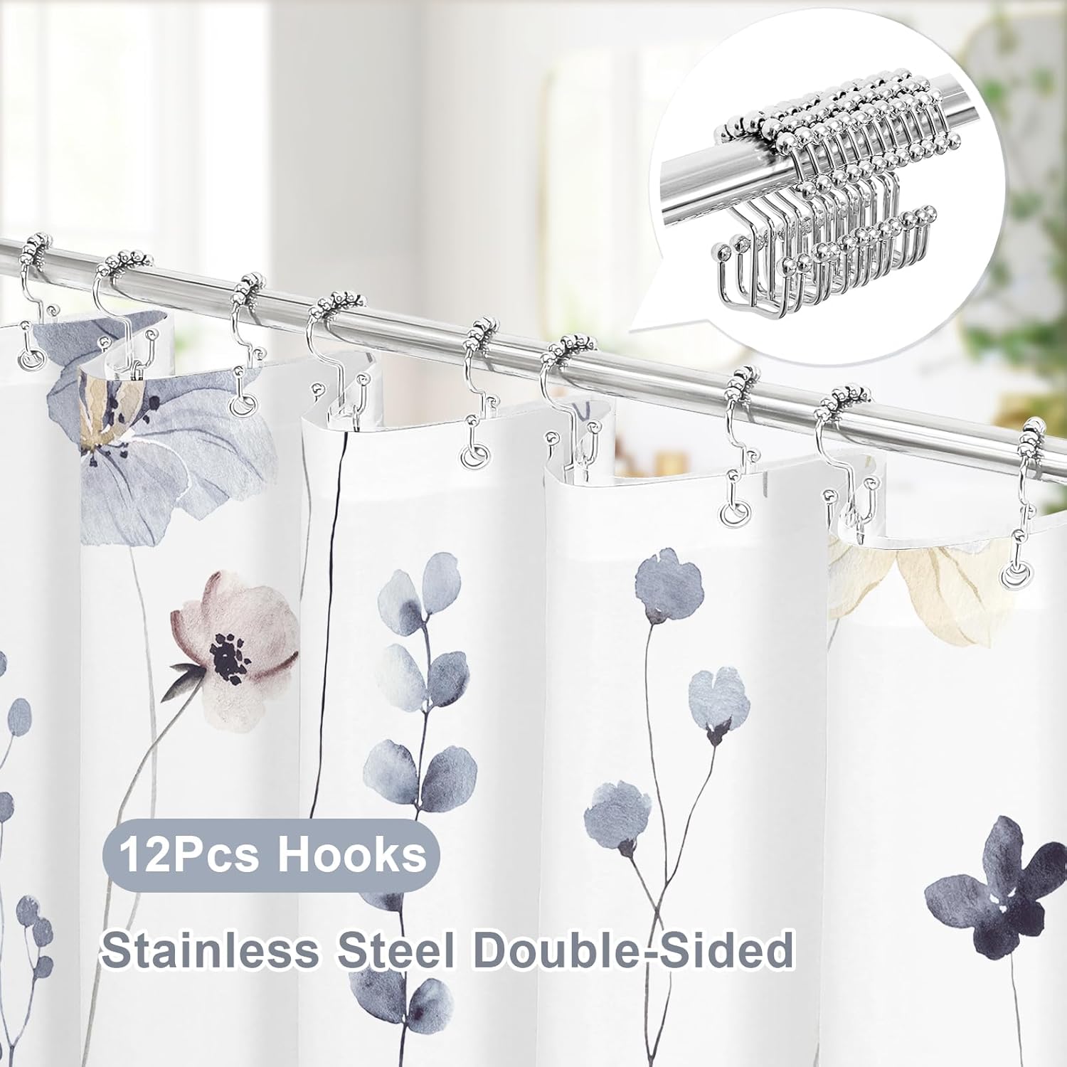 Gibelle 3 in 1 Shower Curtain Set, Grey Watercolor Floral Bath Curtain and PEVA Liner Set with 12 Double Sided Steel Hooks, Waterproof Fabric Bathroom Curtain 72x72