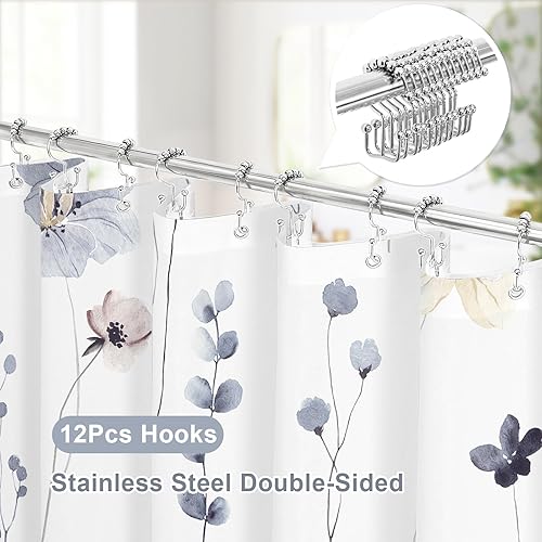 Miniatura 3 de Gibelle Juego de cortina de ducha 3 en 1, cortina de baño floral de acuarela gris y forro de PEVA con 12 ganchos de acero de doble cara, cortina de