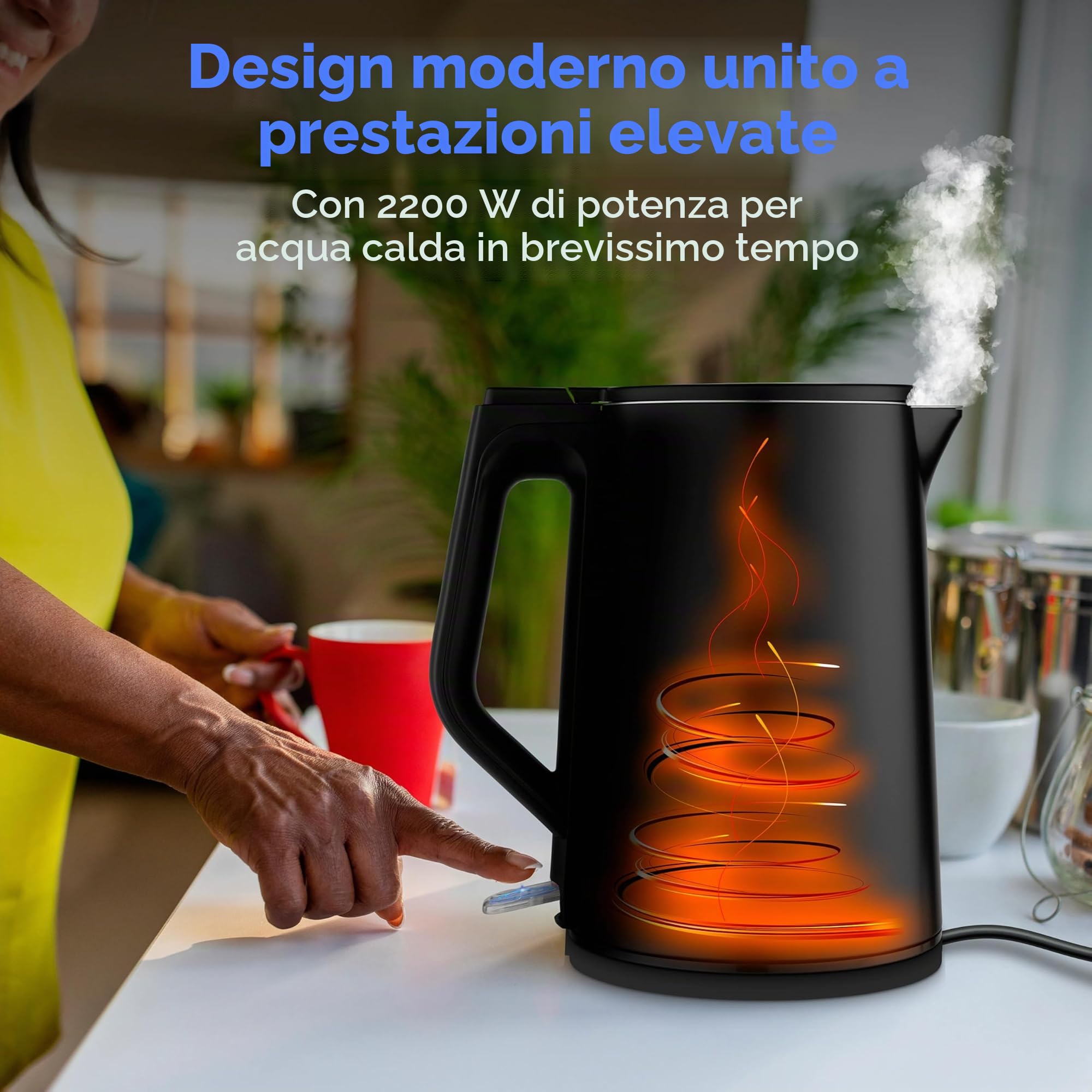 MEDION Bollitore in acciaio inox (1,5 L, 2.200 W, base a 360°, funzione mantenimento, LED, doppia parete, MD12105) nero