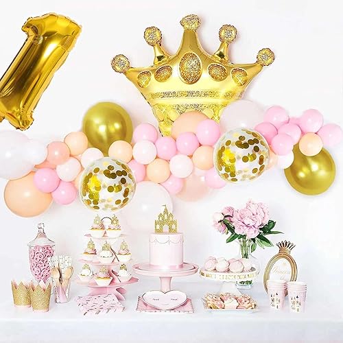 Miniatura 4 de Globos de primer cumpleaños, 7 globos de papel de aluminio con corona, globos dorados de 1 globo dorado de Mylar con el número 1 para niños y niñas