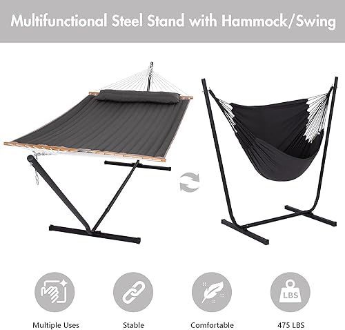 Miniatura 3 de Hamaca portátil con soporte de 12 pies, hamaca para exteriores con soporte incluido, soporte de acero multifuncional 2 en 1, capacidad de peso de