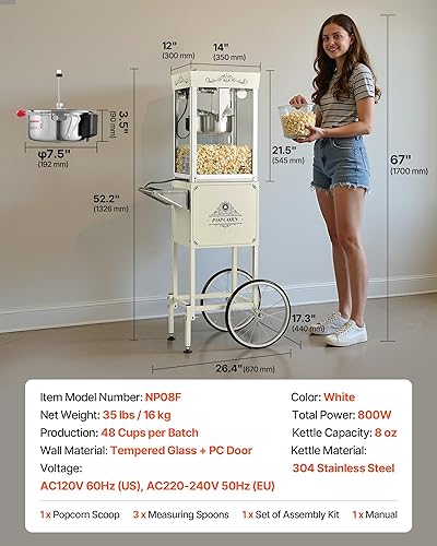 Miniatura 7 de VEVOR Máquina de palomitas de maíz con carro, hervidor de acero inoxidable de 8 onzas, máquina comercial de palomitas de maíz de 800 W, 48 tazas por