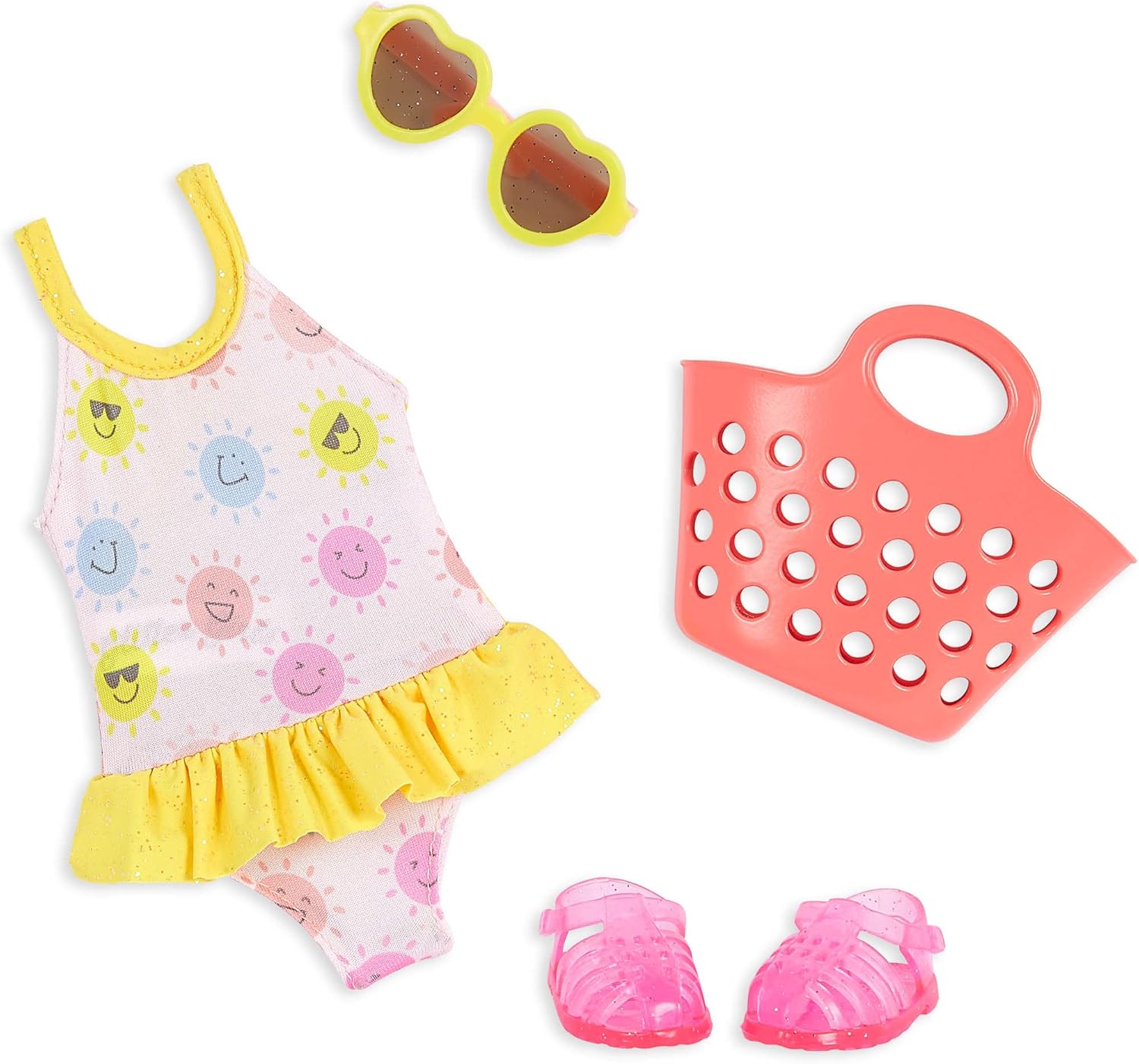 Glitter Girls – 14-Inch Doll Clothes – 4 Pieces Swimsuit Outfit – Sunny One Pieces & Beach Bag – Heart Sunglasses & Pink Sandals – 3+ Years – Splish, Splash, and Sparkles