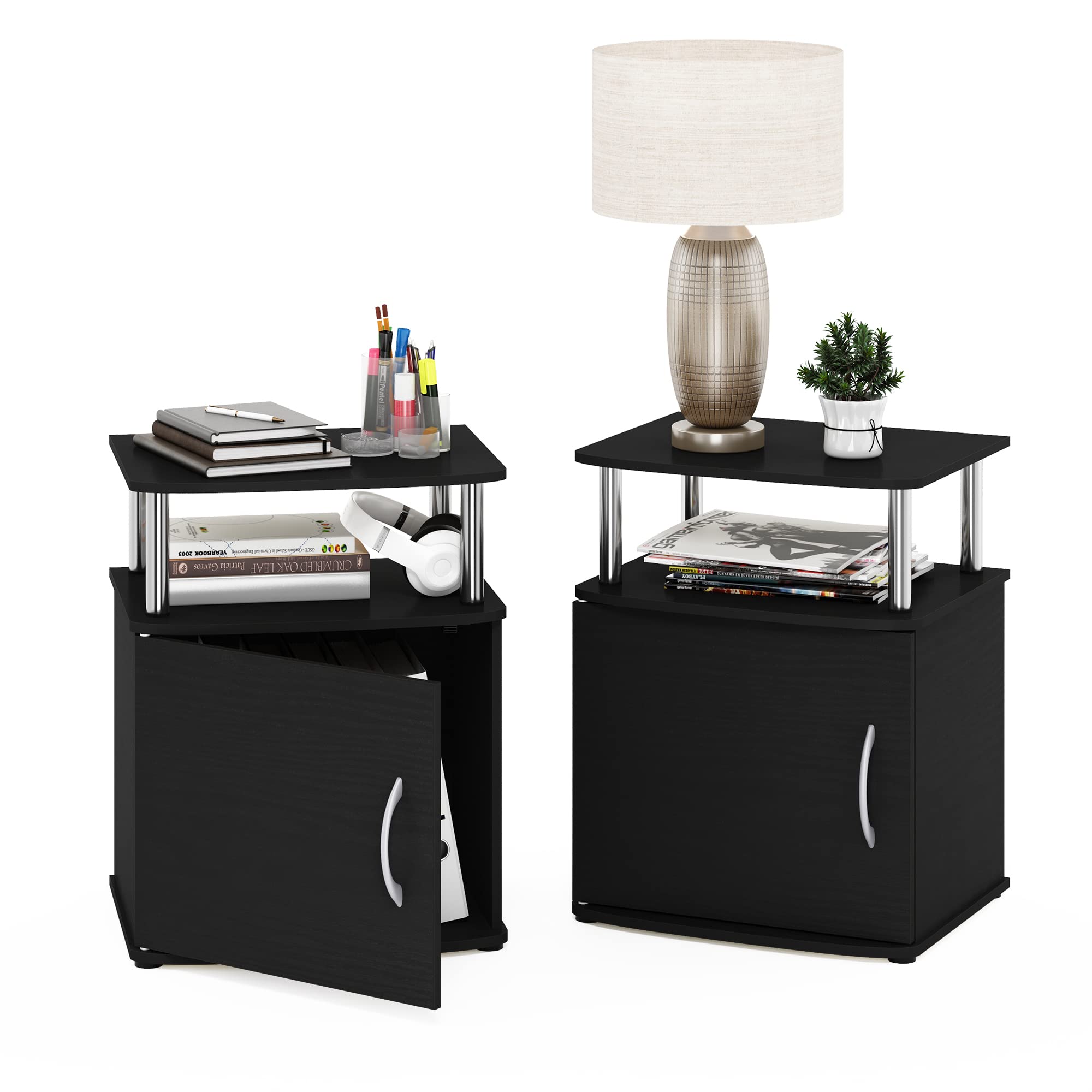 Furinno Jaya Tavolino dal Design Pratico, Legno ingegnerizzato, Americano/Acciaio Inossidabile, Set di Due, 2 unità