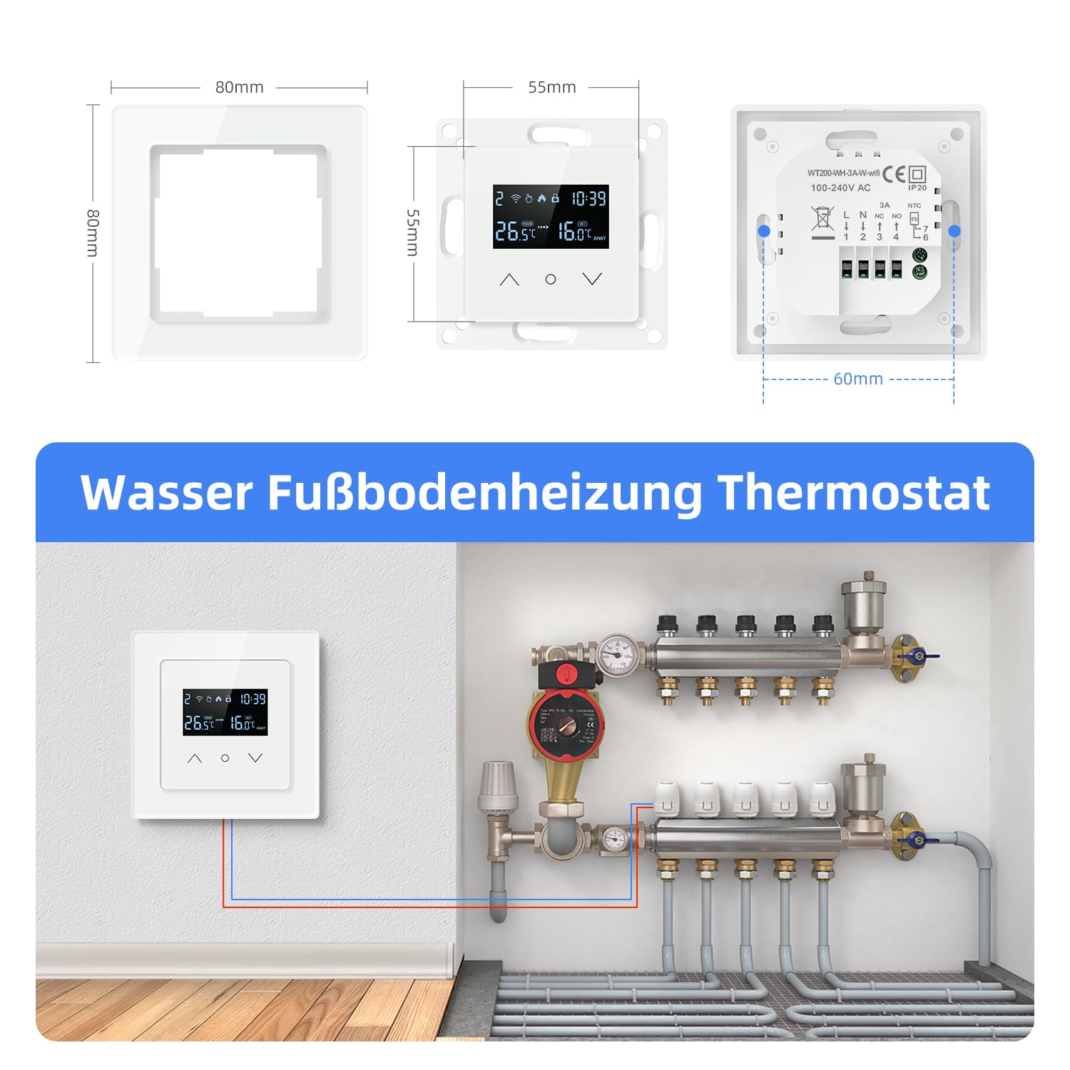 AVATTO 55x55mm Smart WiFi Thermostat für Wasser-Fußbodenheizung programmierbarer Raumthermostat kompatibel mit Alexa & Google Home, Fernbedienung über AVATTO-App oder Smart-Life-App
