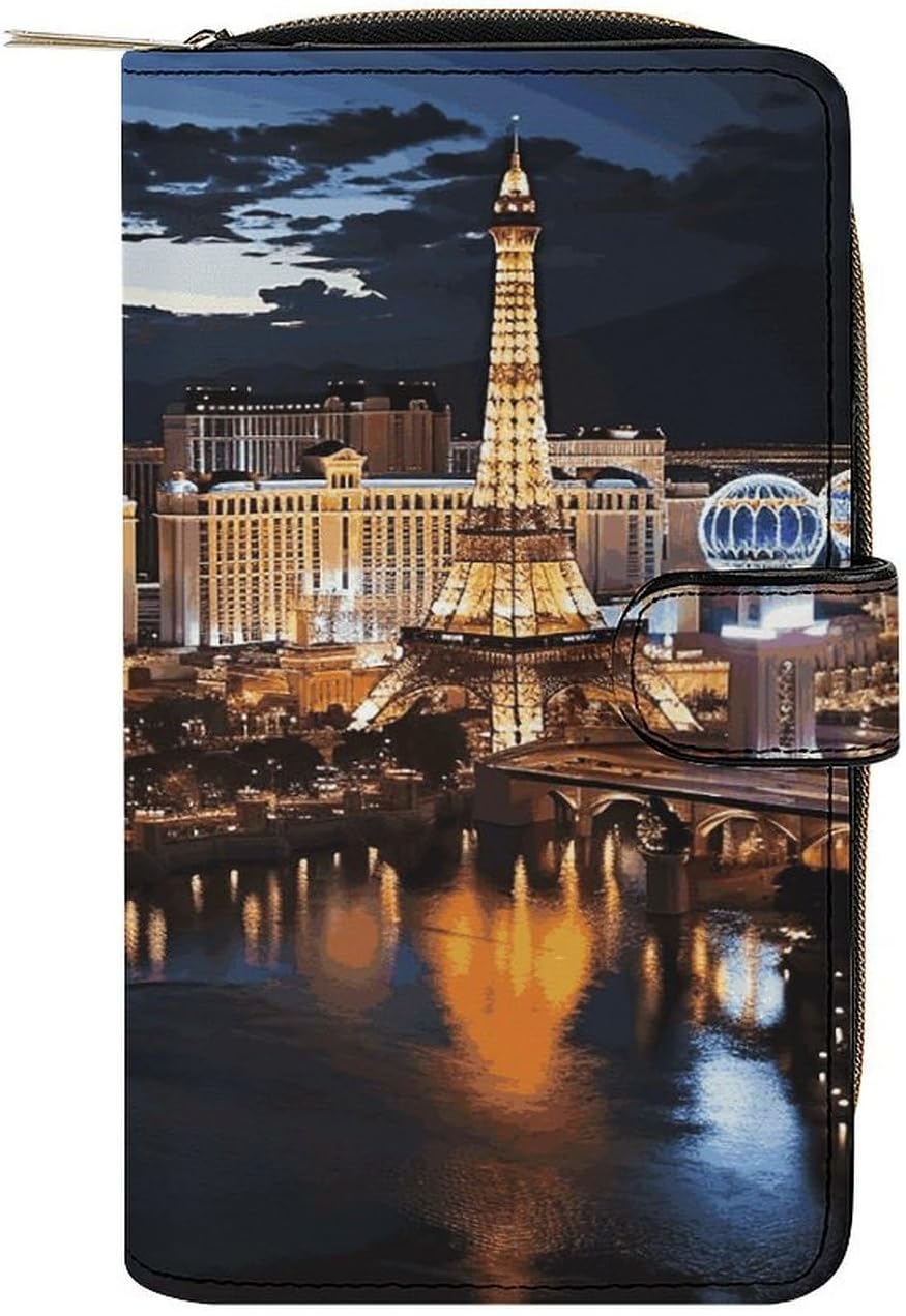 Las Vegas Night View Wallet,PU Leather Material, Small Wallet,Bifold with Zipper, Travel Wallet,Compact And Portable for Men And Women 7.8 * 4.3 * 1.4 Inches