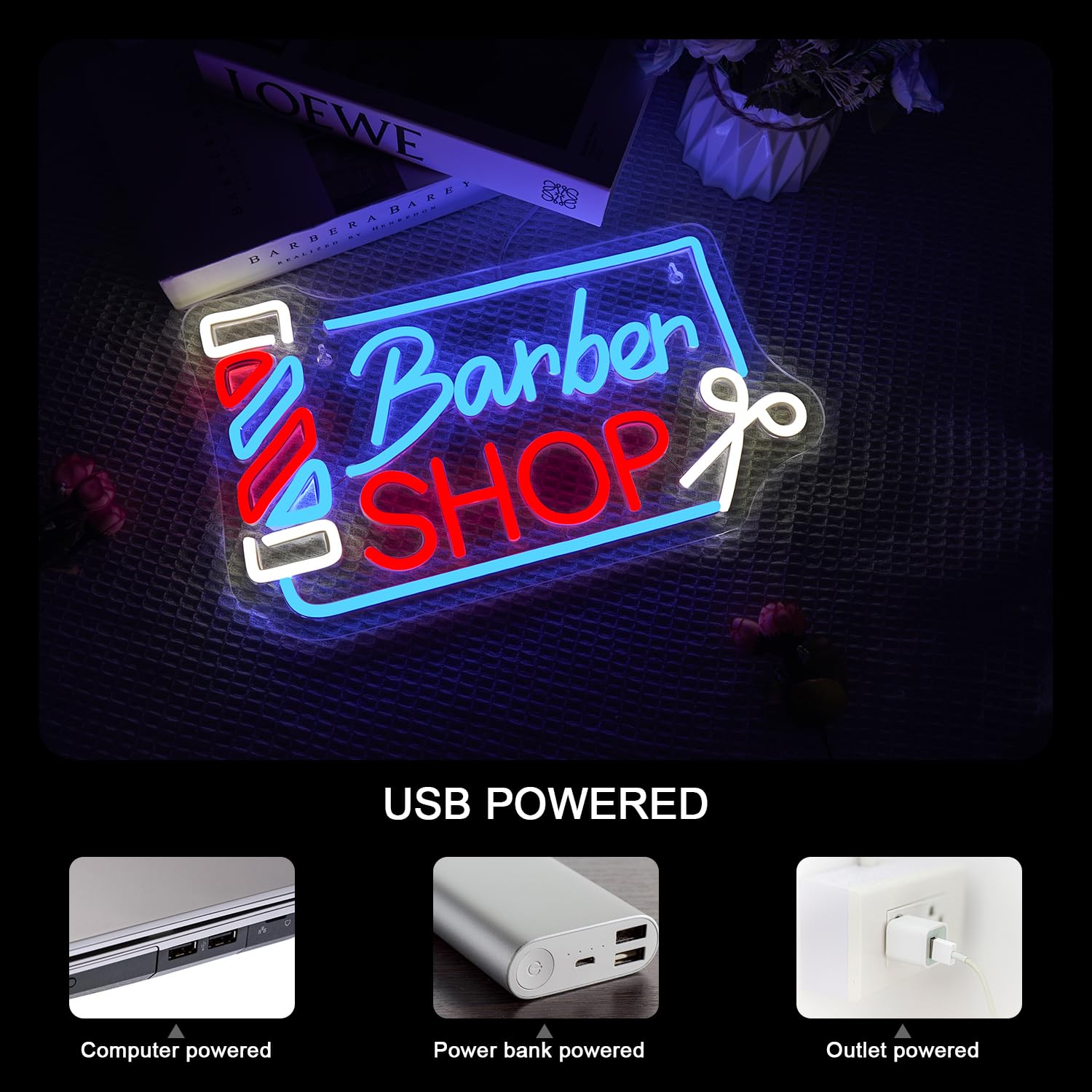 Looklight Barber Shop Neon Sign, Barber Insegne Luminose per la Decorazione di Pareti e Finestre, Luce LED Dimmerabile per Saloni Con USB, Regali per Barbieri e Studi di Parrucchieri Open Neon Sign