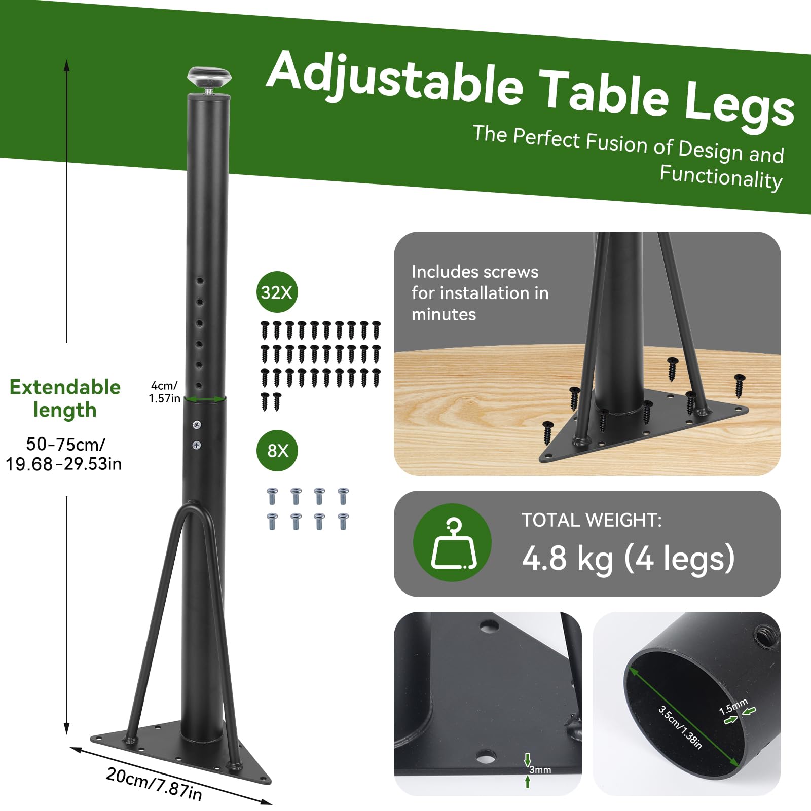 Nogi stołu z regulacją wysokości, 45-75 cm, nogi stołu, metalowe, czarne, 4 nóżki meblowe, regulowane do mebli DIY, na biurko, stół jadalny, stolik kawowy, stół biurowy