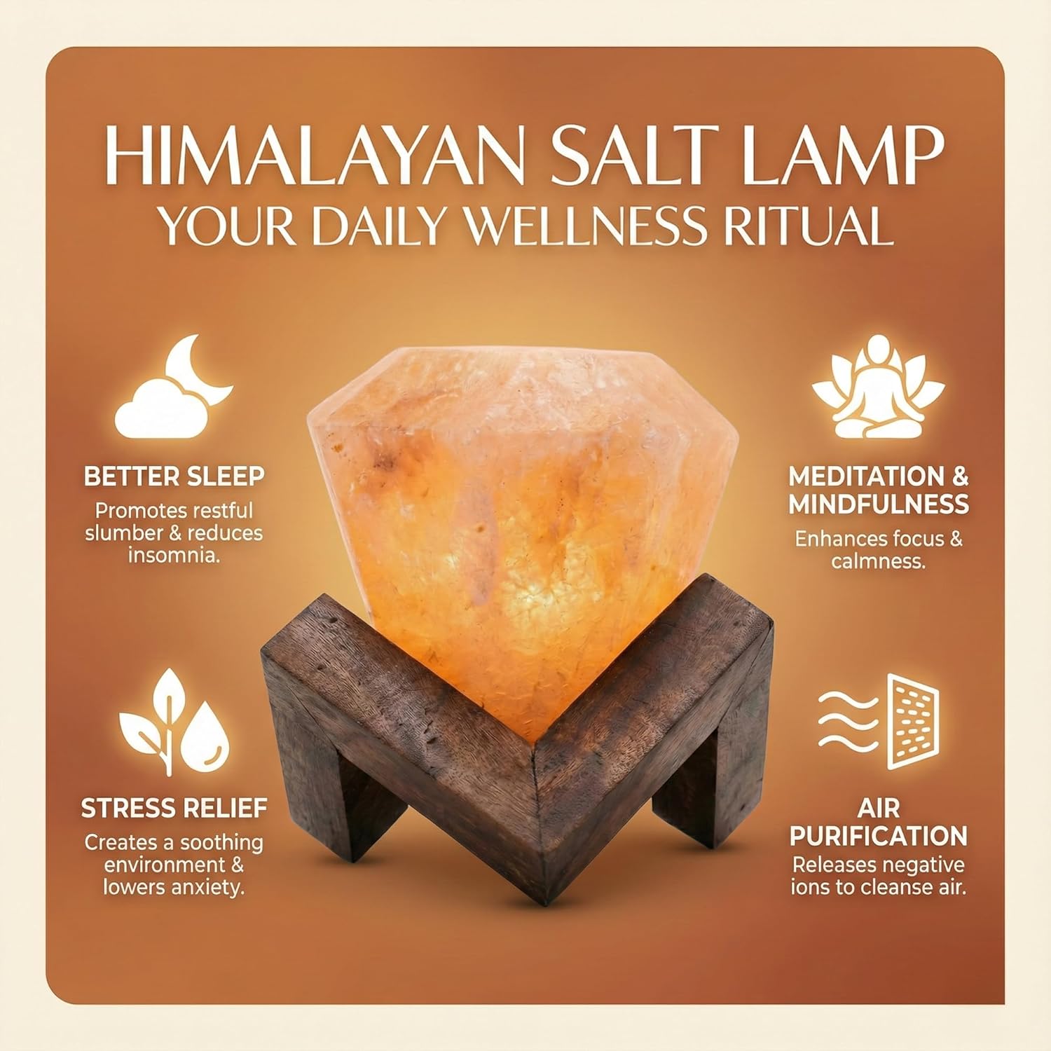 Himalayan Salt Lamp Diamond Shape – Hand-Carved Pink Rock Salt Light with Dimmer, Warm Mood Lighting for Bedroom, Home & Office – Wooden Base