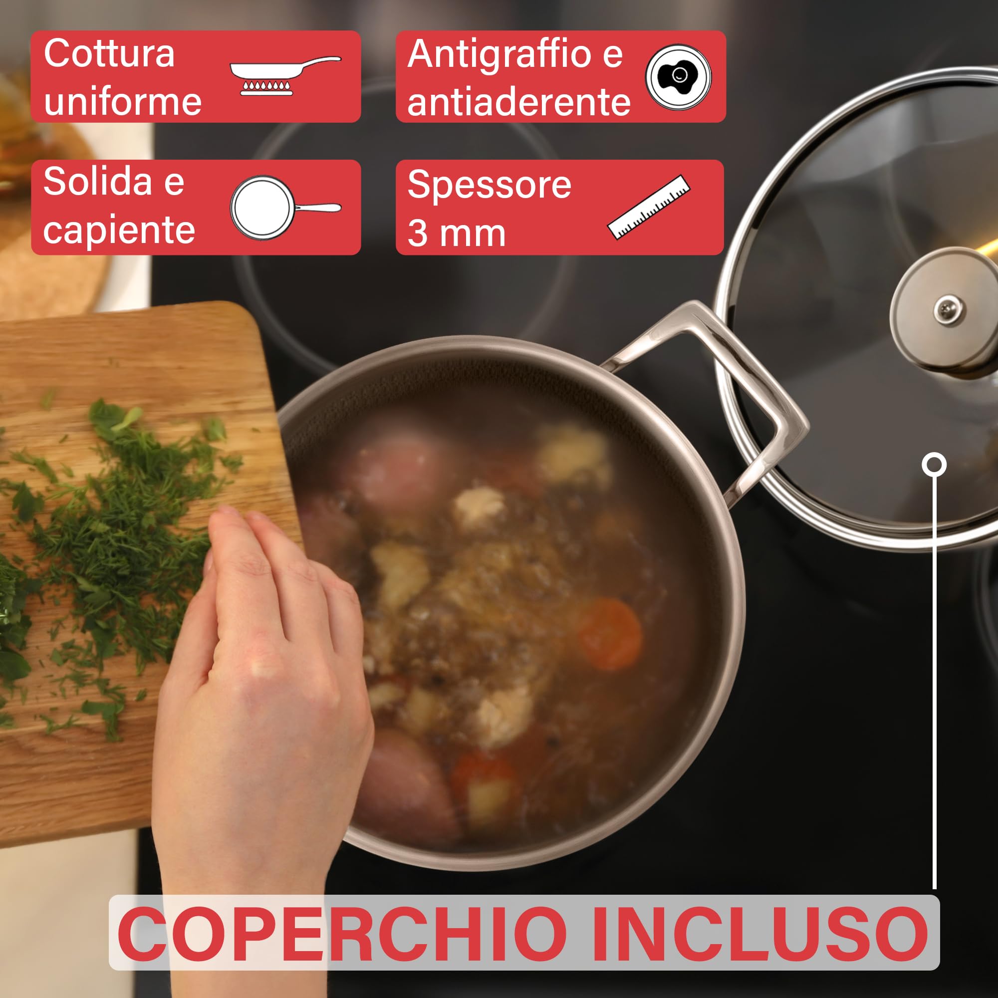Pentola Antiaderente Triplo Strato (Acciaio Inox + Alluminio) Diametro Ø 20 cm, CON COPERCHIO, Antigraffio, NO PFOA, Per Piano Cottura Induzione, Ceramica, Elettrico, Gas, Forno