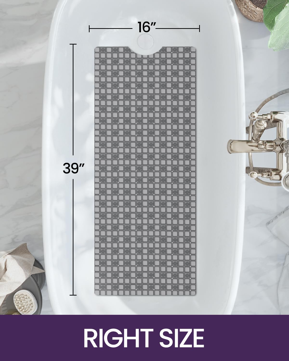 DEXI Badewannen-Duschmatte, rutschfest, 16 x 39 cm, extra Lange Badewannenmatten, Saugnäpfe, Abflusslöcher, maschinenwaschbar, Badezimmermatte, klares Grau