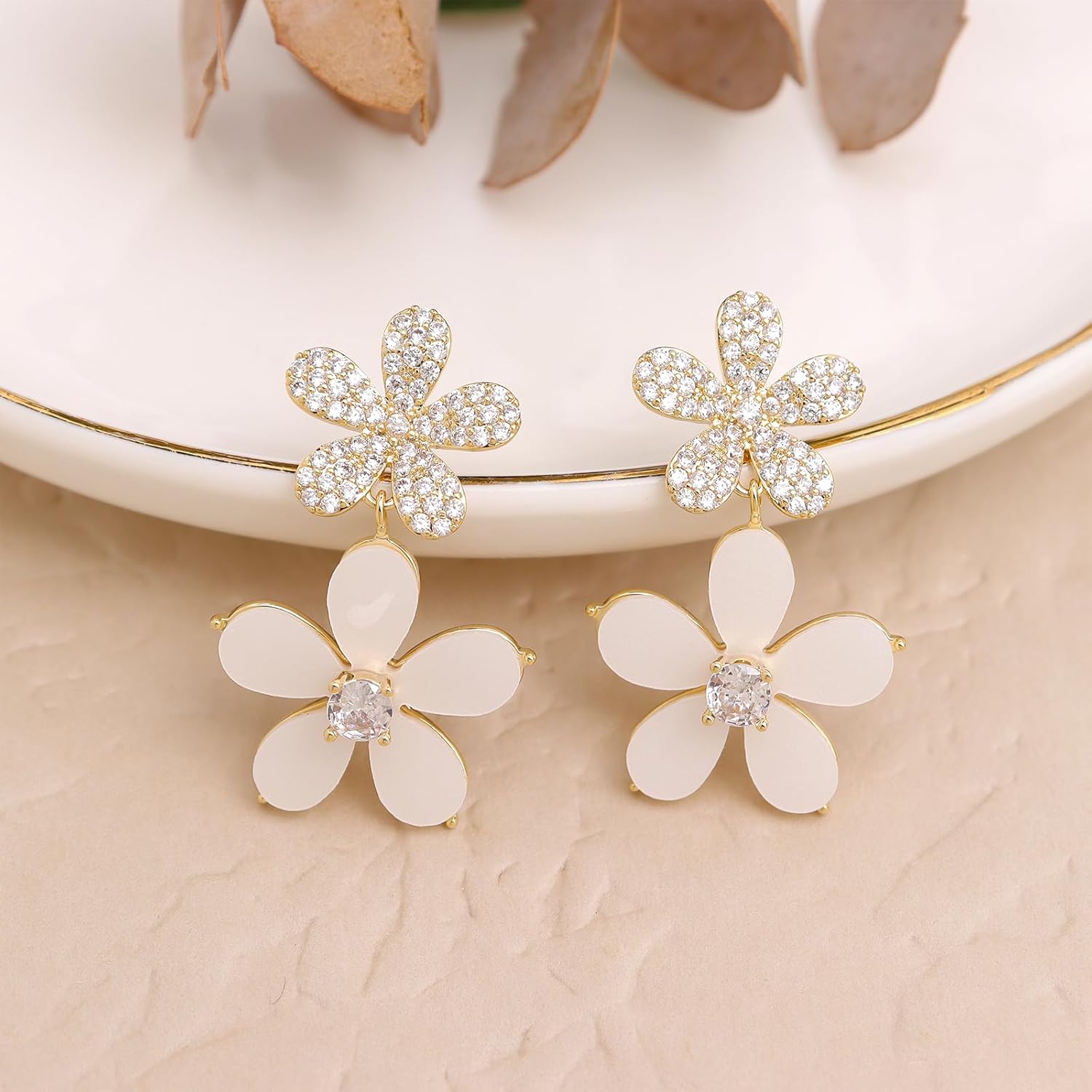 Chunky White Black Flower Dangle Earrings for Women, Trendy Hypoallergenic Rhinestone Long Five Petal Dangling Earing Spring Birthday Holiday Jewelry Gift - Image 5