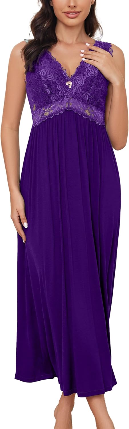 Mist Azur Womens Long Nightgowns Lace Sexy Lingerie V Neck Nightie Sleep Dress Sleeveless Sleepwear for Elegant Women
