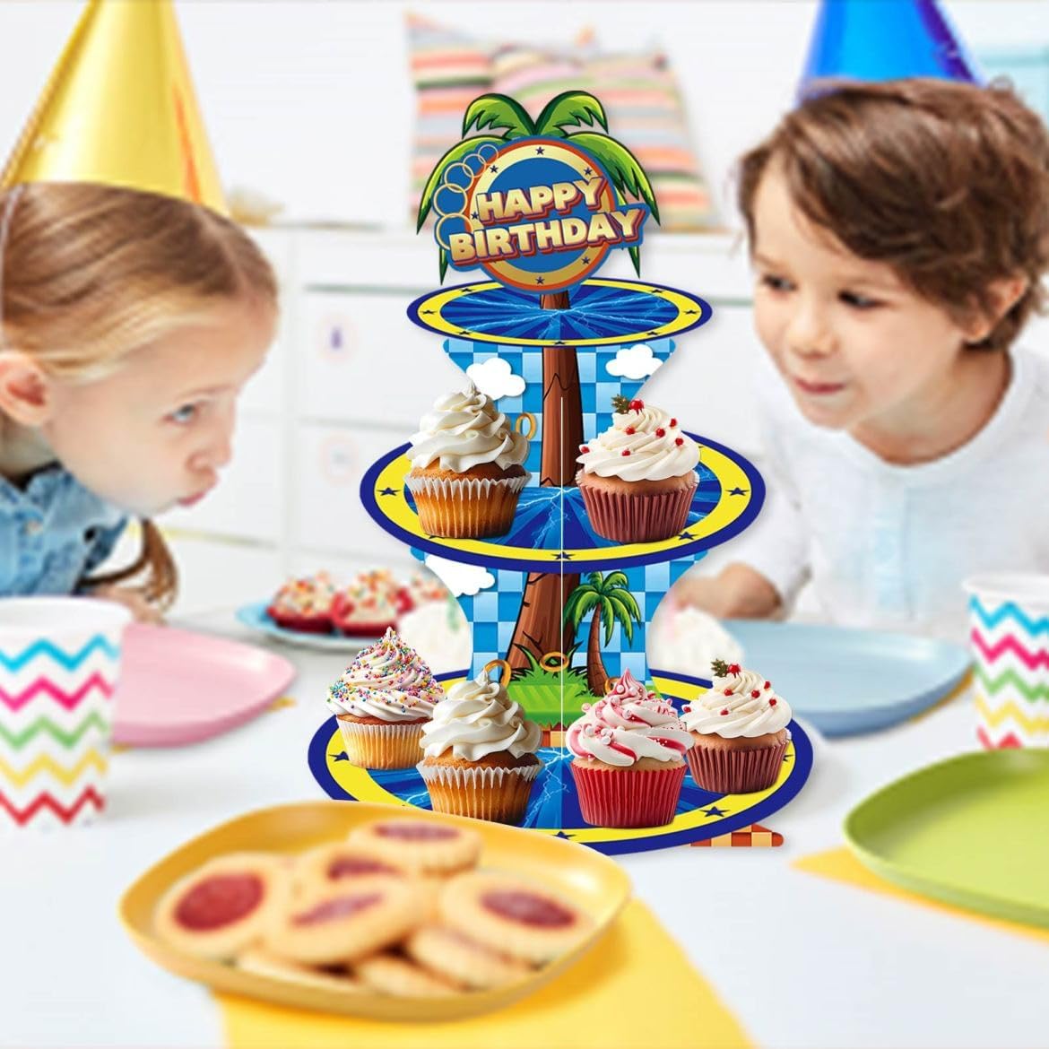 Zliisang Blue Cupcake Stand Golden Rings Palm Birthday Party Decorations 3 Tiered Dessert Cake Table Displays Cartoon Theme Birthday Baby Shower Party Decorations