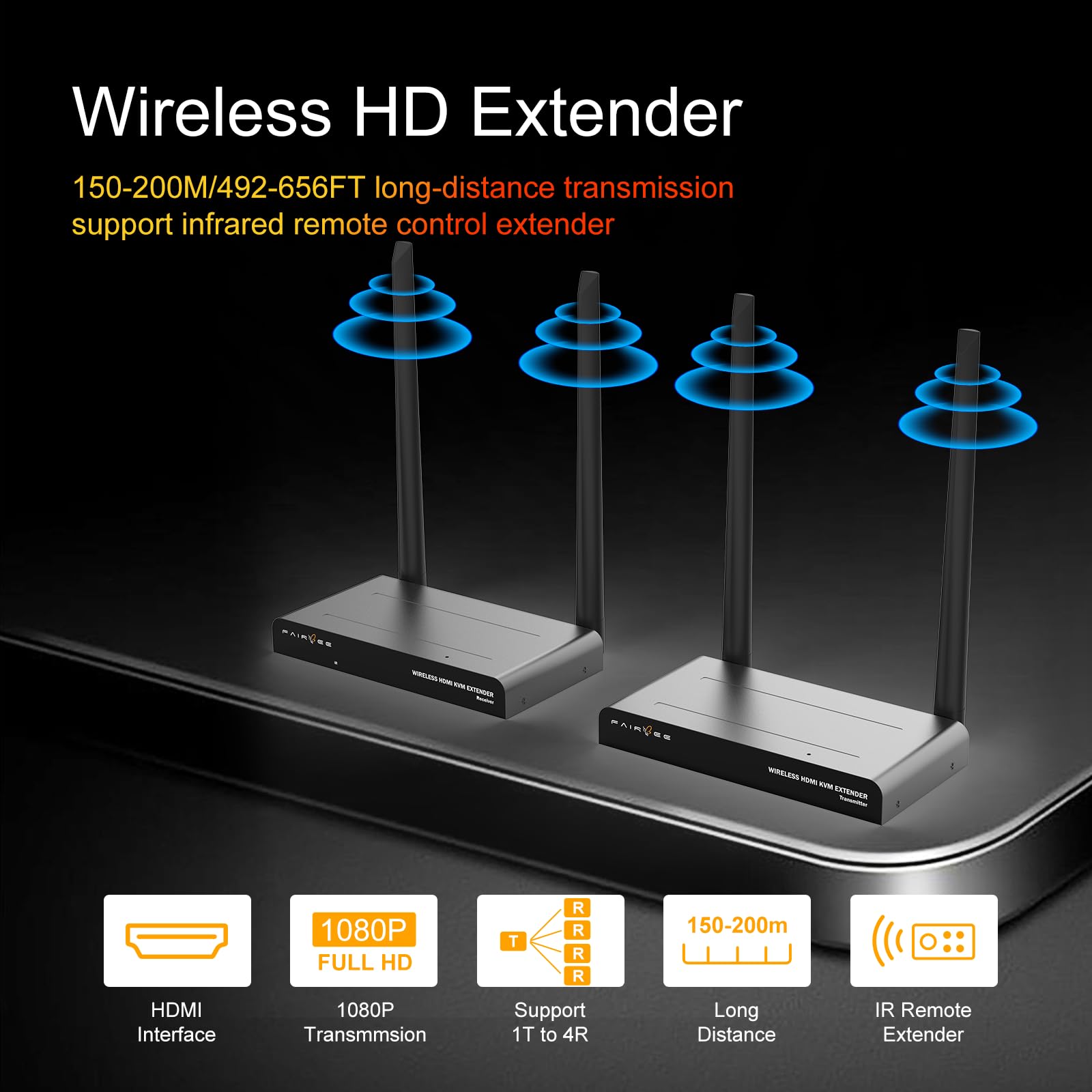 Set di trasmettitori e ricevitori wireless HDMI, portata 200 m, Full HD 1080P@60Hz, Ultra Bassa Latenza 0.1s, KVM & IR Telecomando, HDMI Loop-Out, Plug & Play, per Home Cinema, presentazione