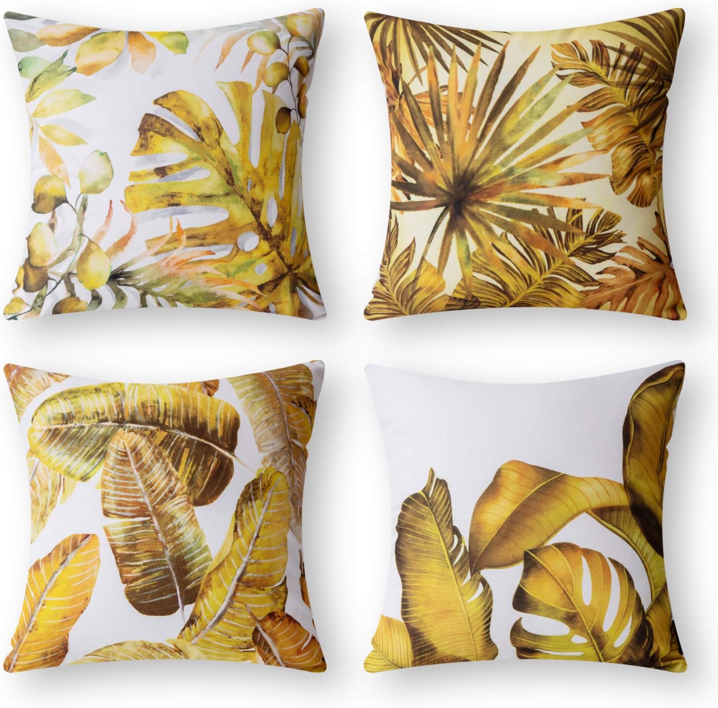 Phantoscope Set of 4 Tropical Palm Leaves Plant Printed Throw Pillow Case Cushion Cover, Yellow Green, 18 x 18 inches, 45 x 45 cm
