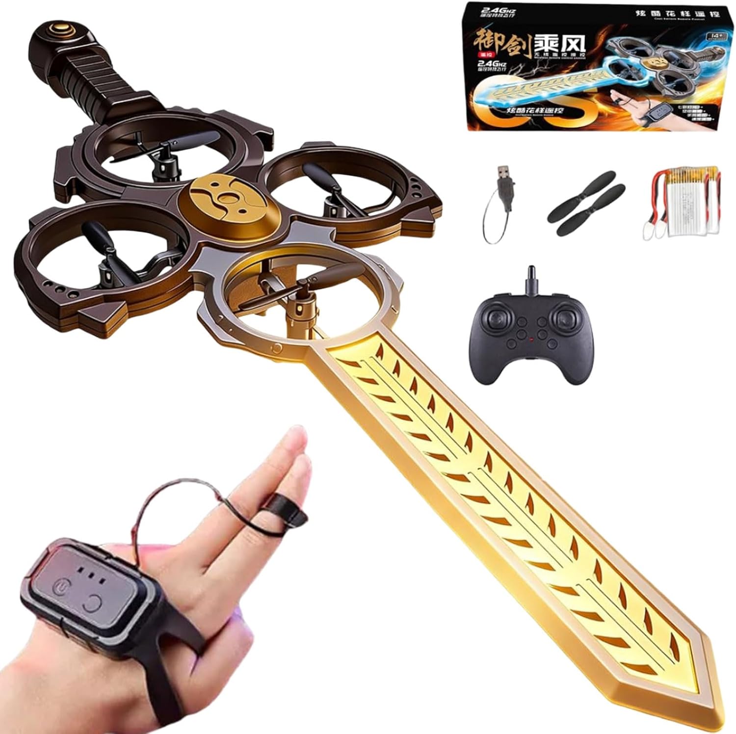 2026 New Flying Battle Battle Sword RC | Dual Hand Gesture & Remote Control, RGB Light Drone with 360° Flips, 3-Speed Modes, Multiple Ways to Play(Black Gold 2 Batteries,Handle)