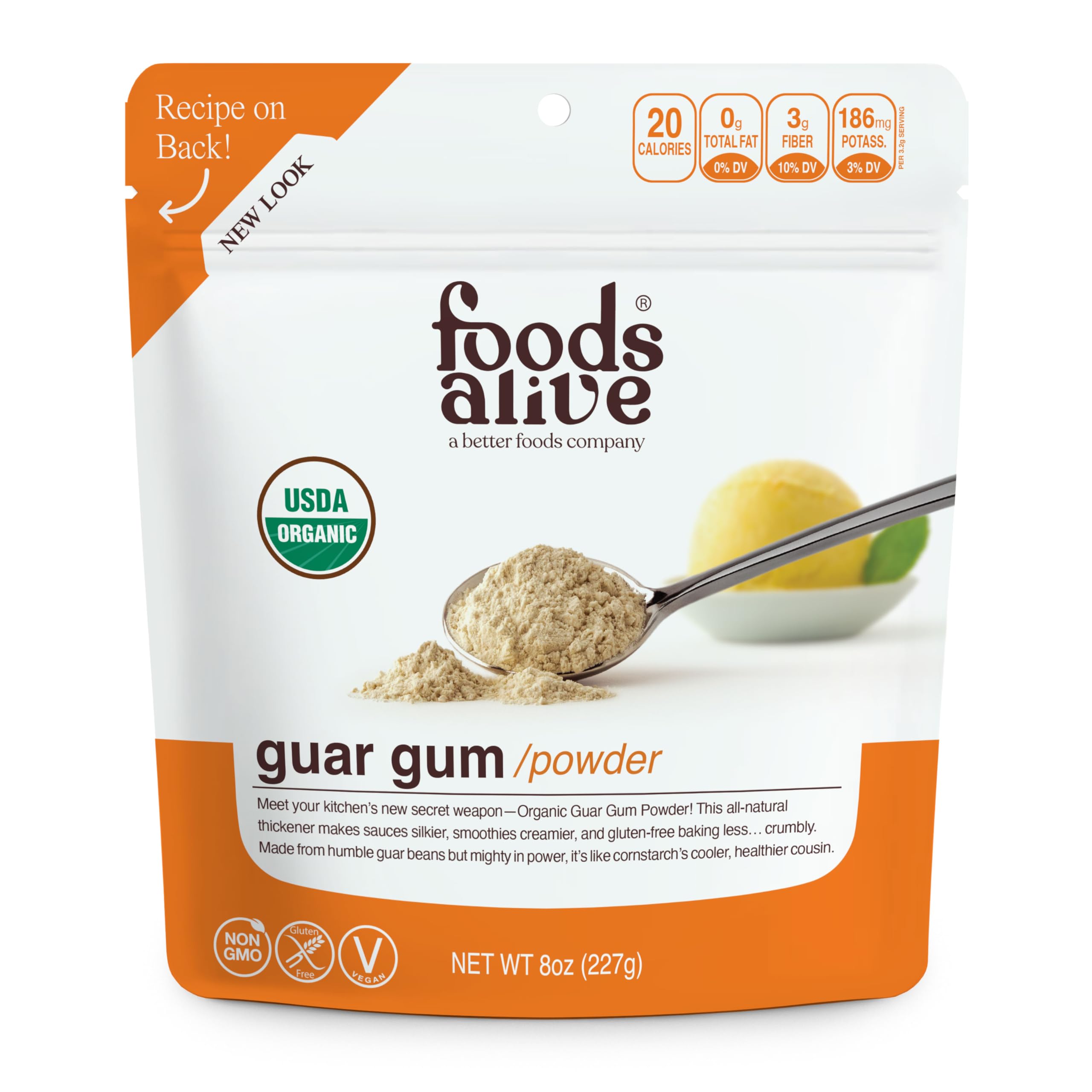 Foods Alive Organic Guar Gum Powder, Plant Based Thickening Agent, Gluten Free Binder, Kosher Gelatin, Vegan, Substitute Xanthan Gum, 8 oz.
