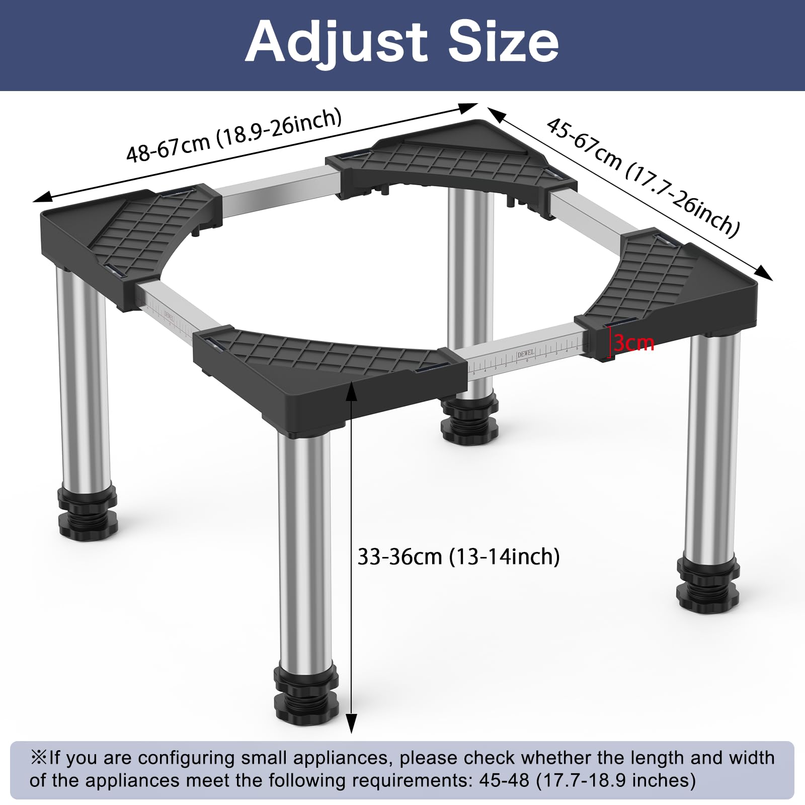 Base Anti-vibration électroménager Base Réglable Machine à Laver DEWEL 12 Pieds - Support 500kg - Réglable 46-60cm - Noir Support Réglable 500kg