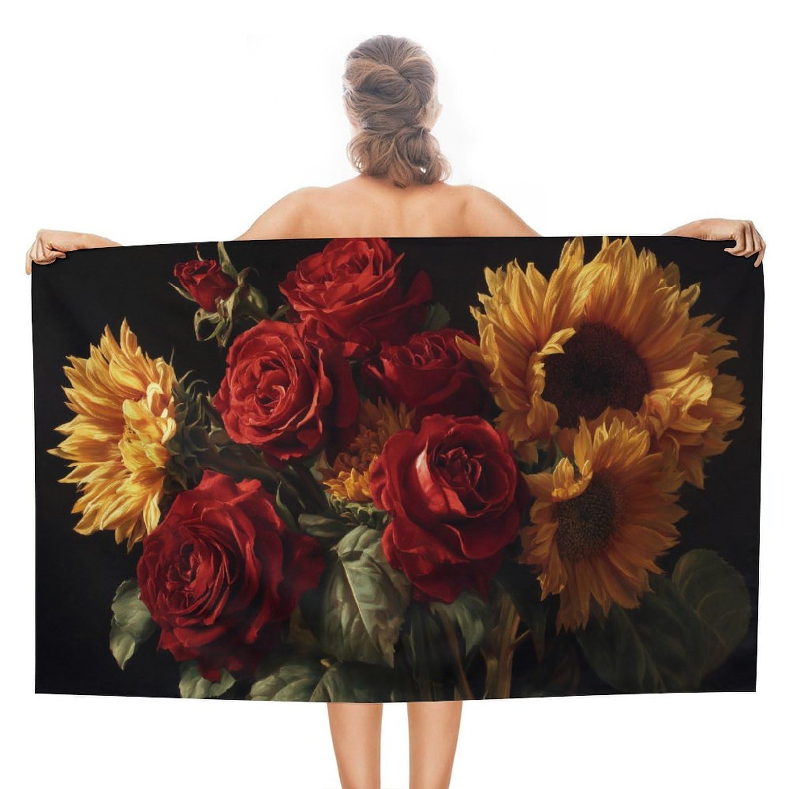 asbwuo Bouquet of Red Roses and Sunflowers Beach Towel