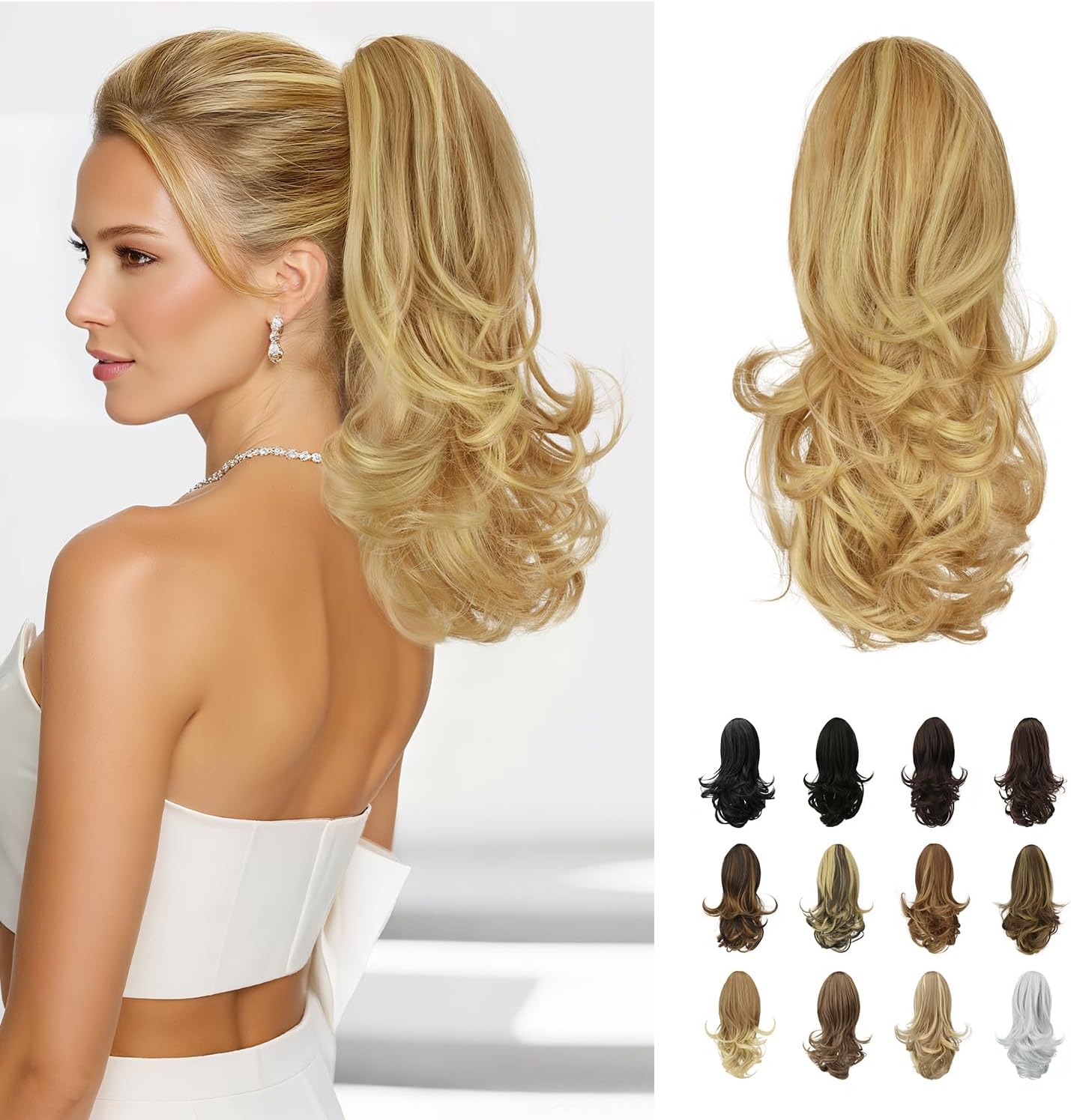 SOFEIYAN 13" Ponytail Extension Long Curly Ponytail Clip in Claw Hair Extension Natural Looking Synthetic Hairpiece for Women, Light Blonde/Platinum Blonde mix
