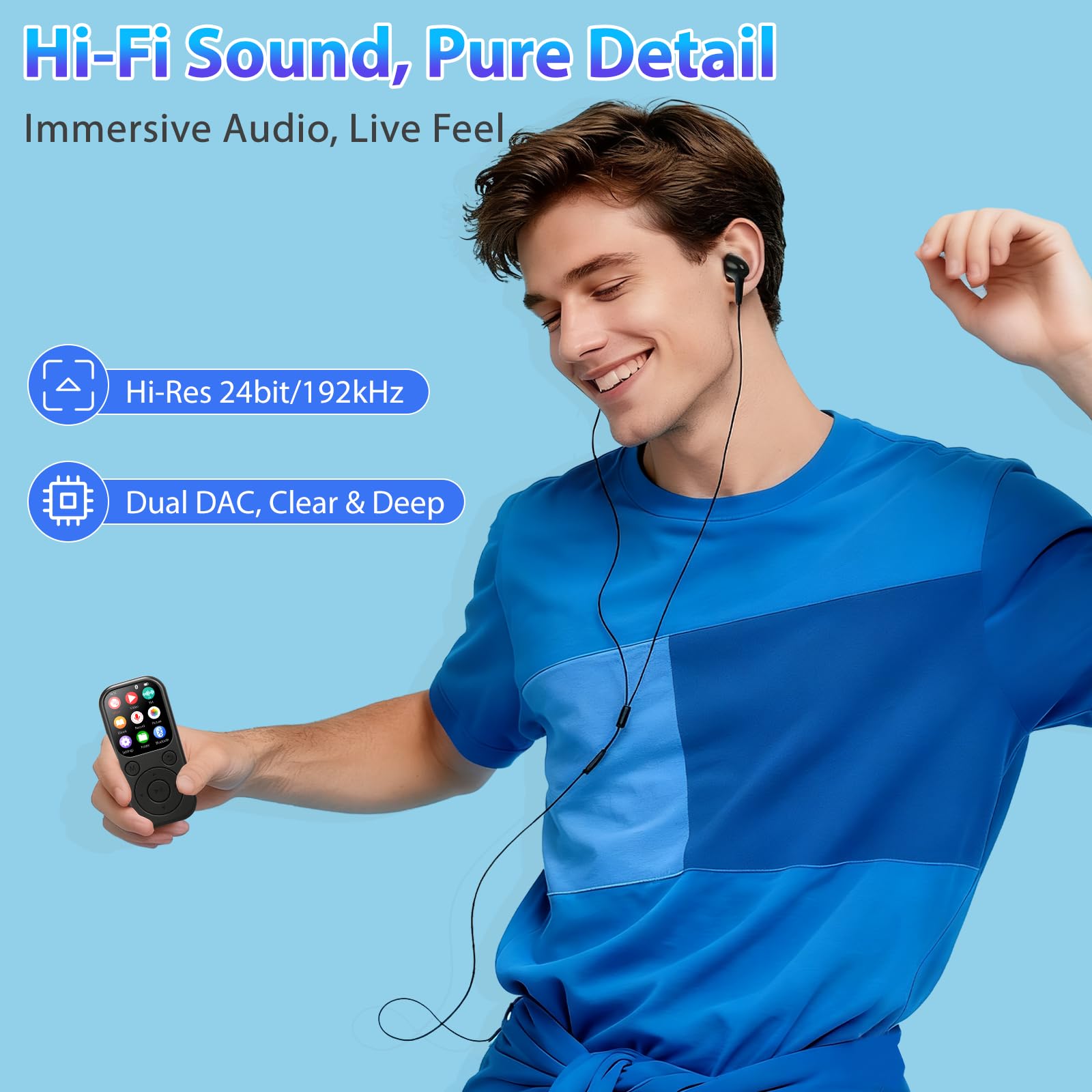 MP3 Player mit Bluetooth 5.3, Tragbarer Musikplayer mit 64GB Speicherkarte, FM Radio, Sprachaufnahme, HiFi Sound, MP3 & MP4 Player, Kinder MP3 Player, Kopfhörer inklusive, Unterstützt bis zu 128GB