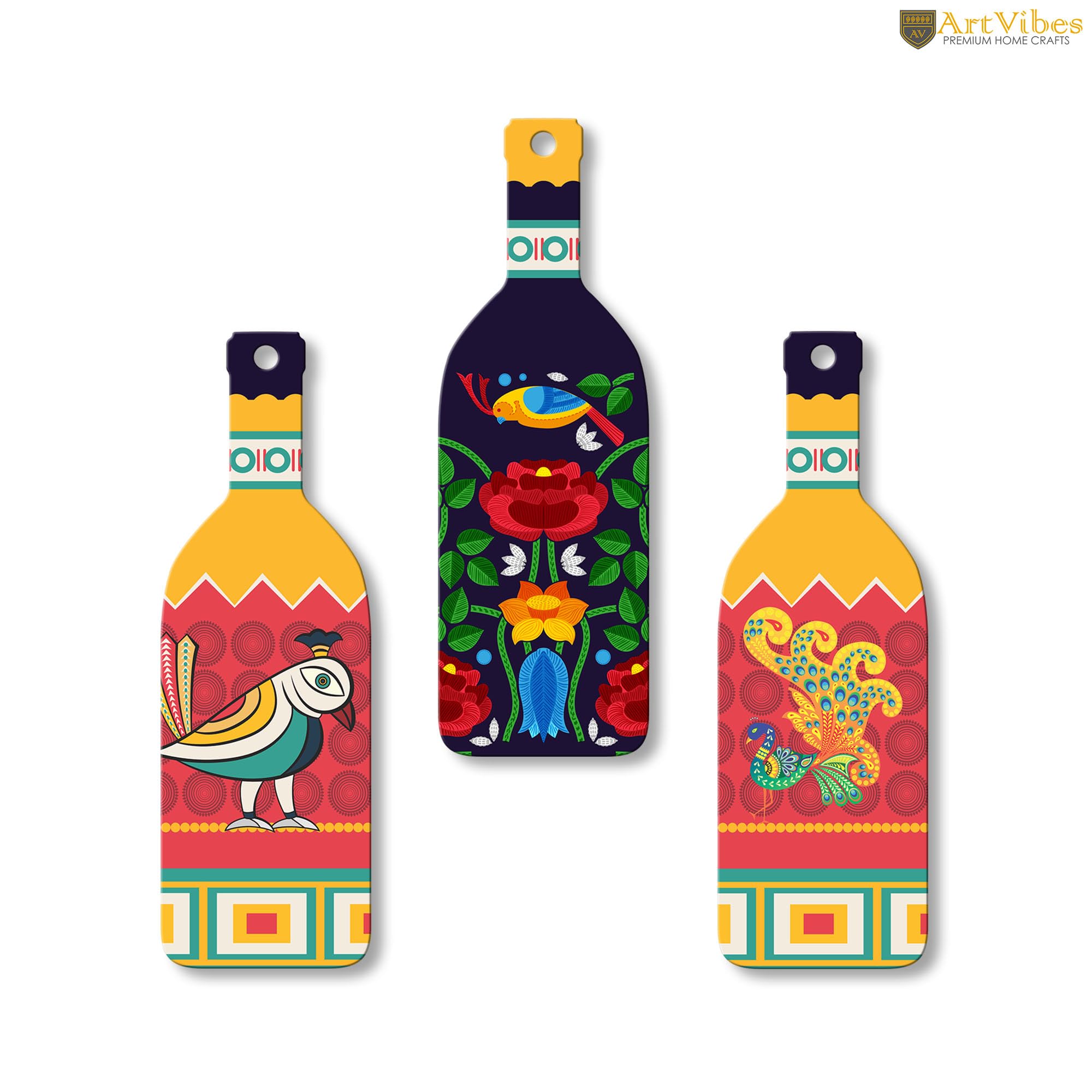 Artvibes Birds and Flower Clip Art Decor Bottle shaped Wooden Wall Hanging | Garden Balcony | Door Decoration Items | Wall Illustrations | Paintings For Wall | Unique Gift Items (WH_9512N), Set of 3 3